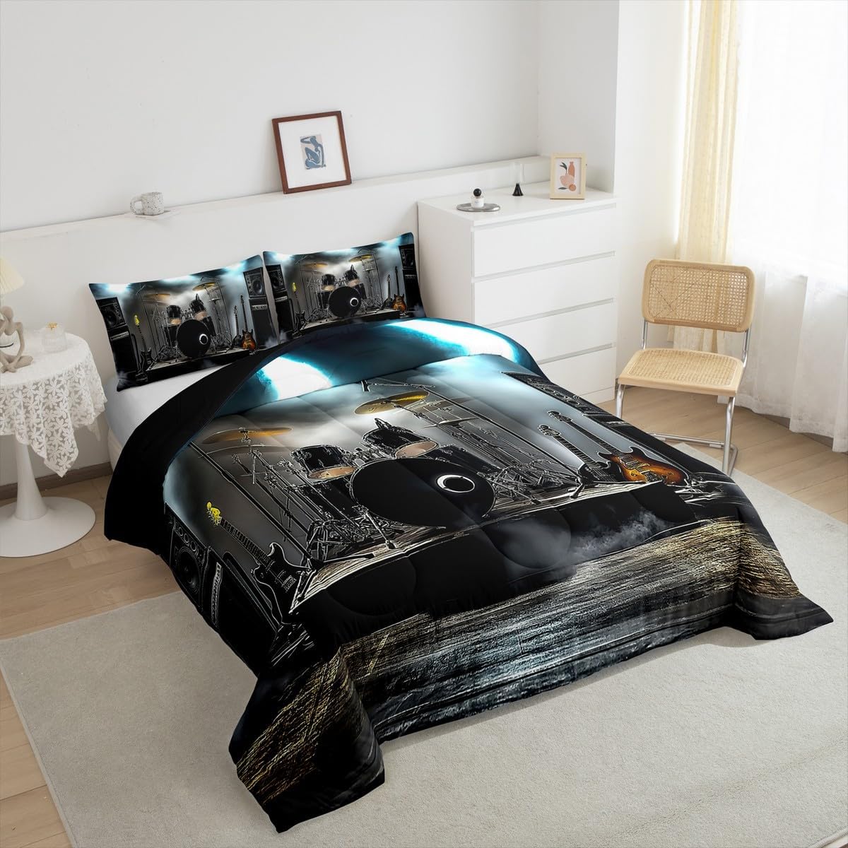 Erosebridal Music Themed Bedding Sets Boys Modern Rock Music Queen Comforter Set,Fashion Drum Kit Instruments Down Comforter Musical Laser Quilt Set Vintage Room Decor