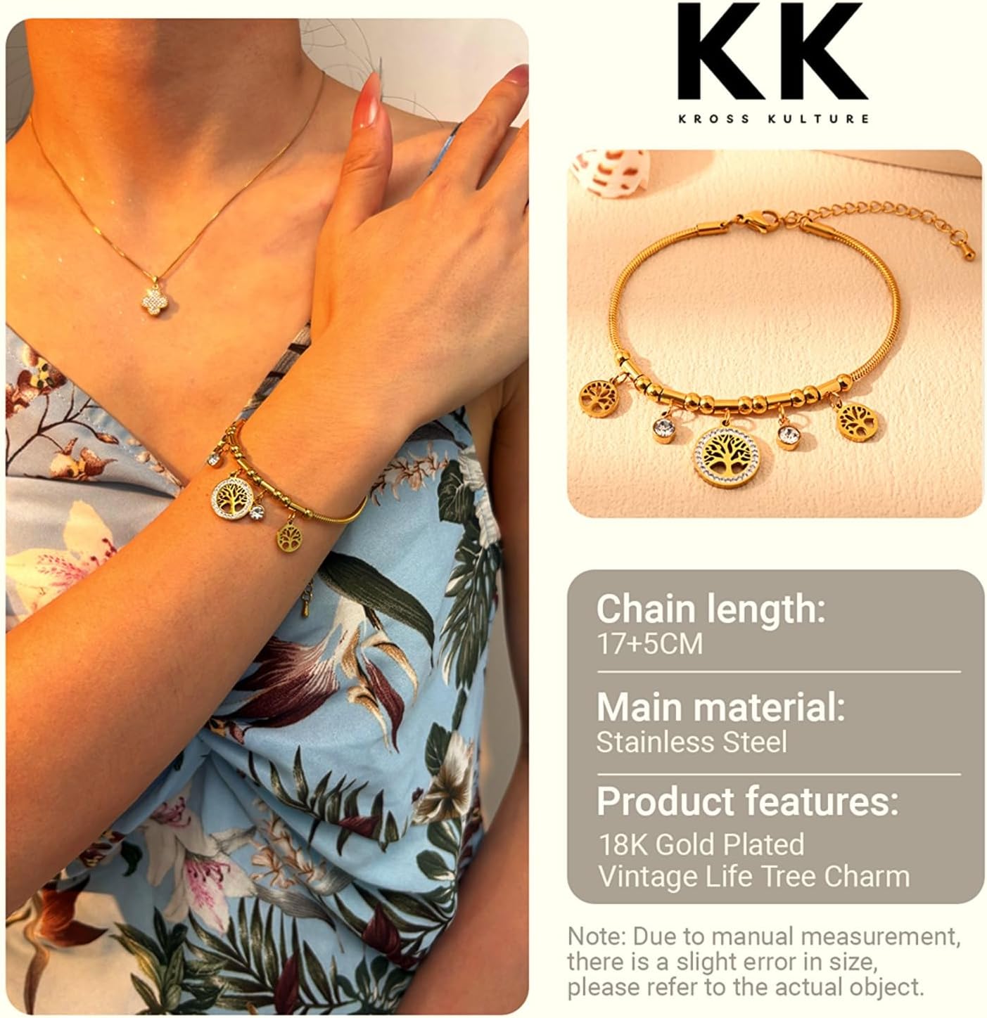 KROSS KULTURE 18K Gold Plated Tree of Life Charm Bracelet for Women – Stainless Steel Snake Chain, Waterproof Hypoallergenic Non-Tarnish Adjustable Spiritual Jewelry Gift - Image 9