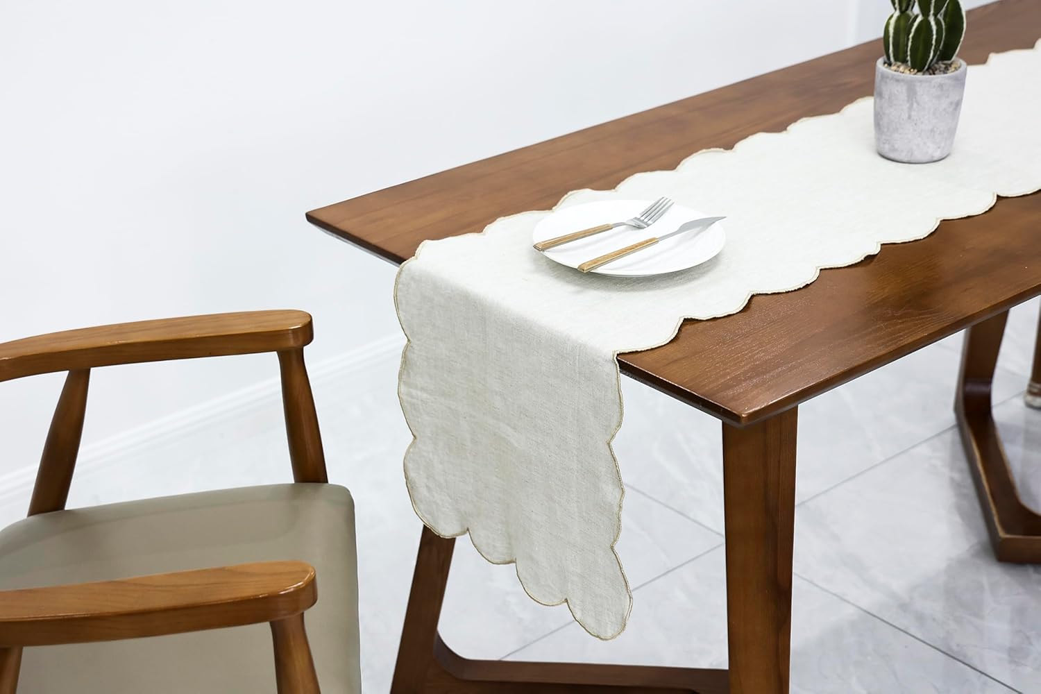 100% Natural Linen Rustic Scalloped Embroidery Table Runner 108 Inches Long, Linen Table Runner 14 x 108 Inch for Dresser and Dining Tables Decor, 8-10 Sets, Linen(Edges-Gold)