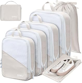 DIMJ Compression Packing Cubes for Suitcases Compression Travel Packing Organizers Lightweight Luggage Cubes Travel Cubes for Travel Accessories With Shoes Bag/Laundry Bag/Underwear Bag (Beige)