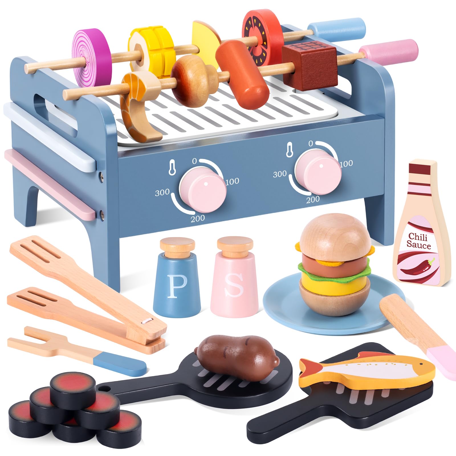 DICAO 30 Pcs Gifts for 2 3 4 Year Old Girls Boys, Toddler Toys, Wooden Kitchen BBQ Toys, Toy Kitchen Accessories, Role Play Toys for 2-5 Year Old Kids
