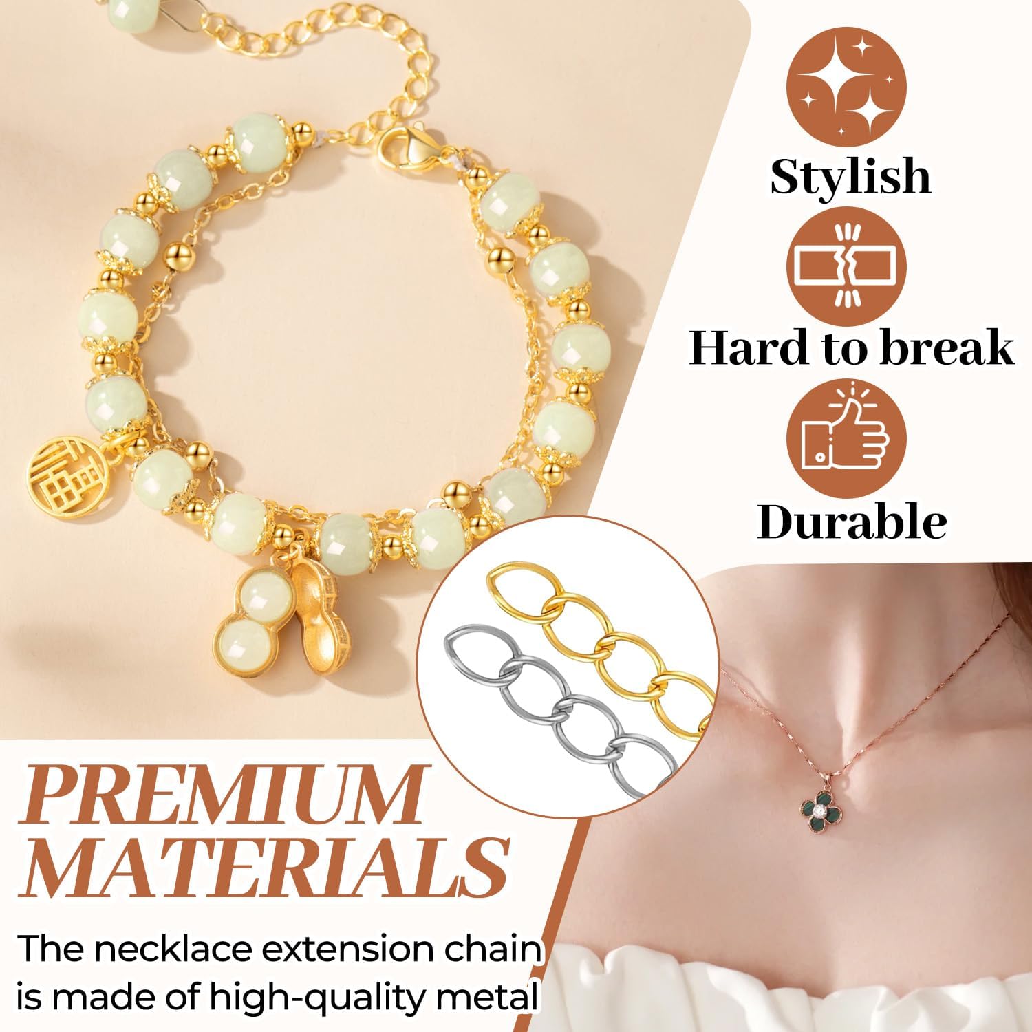 200 Pcs Chain Extender for Jewelry Making, 100 Gold + 100 Silver Extension Chains for Necklace Bracelet Anklets, 5x50mm Jewelry Tails Repair Tool, Alloy Metal