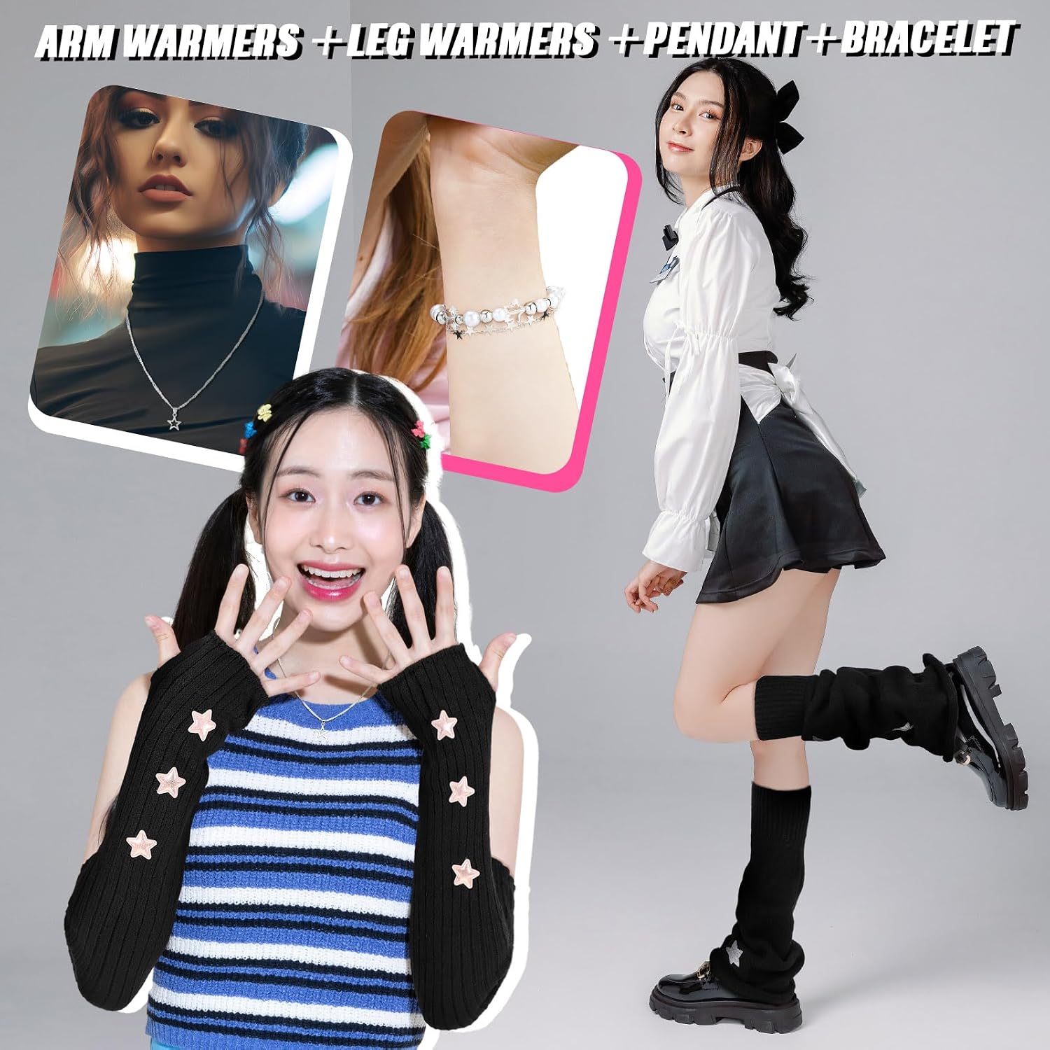 4 Pcs Y2k Star Leg Warmers for Girls Arm Warmers Streetwear Set Include Star Necklace Silver Bracelet Y2k Accessories Kawaii Gyaru Aesthetic Harajuku Jewelry Accessories for Girl Women