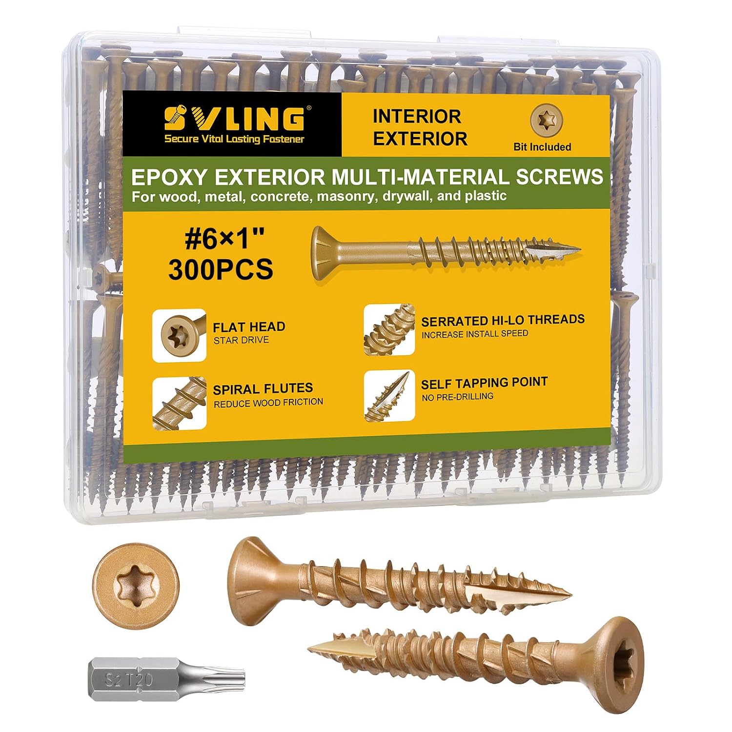 Deck Screws #6 x 1 Inch, 300 PCS Wood Screws Torx Drive Head for Outdoor Decking Wood Fence, Exterior Epoxy Coated Brown Finish with T15 Star Bit