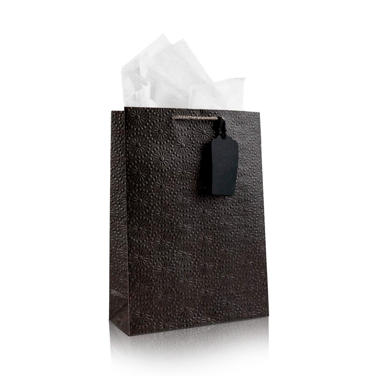 KidsyWinsy Pack Of 5 Black Embossed Gift Bags (Medium,8.65 * 3 * 12 Inches) With Tissue & Thank You Card-Paper Gift Bags