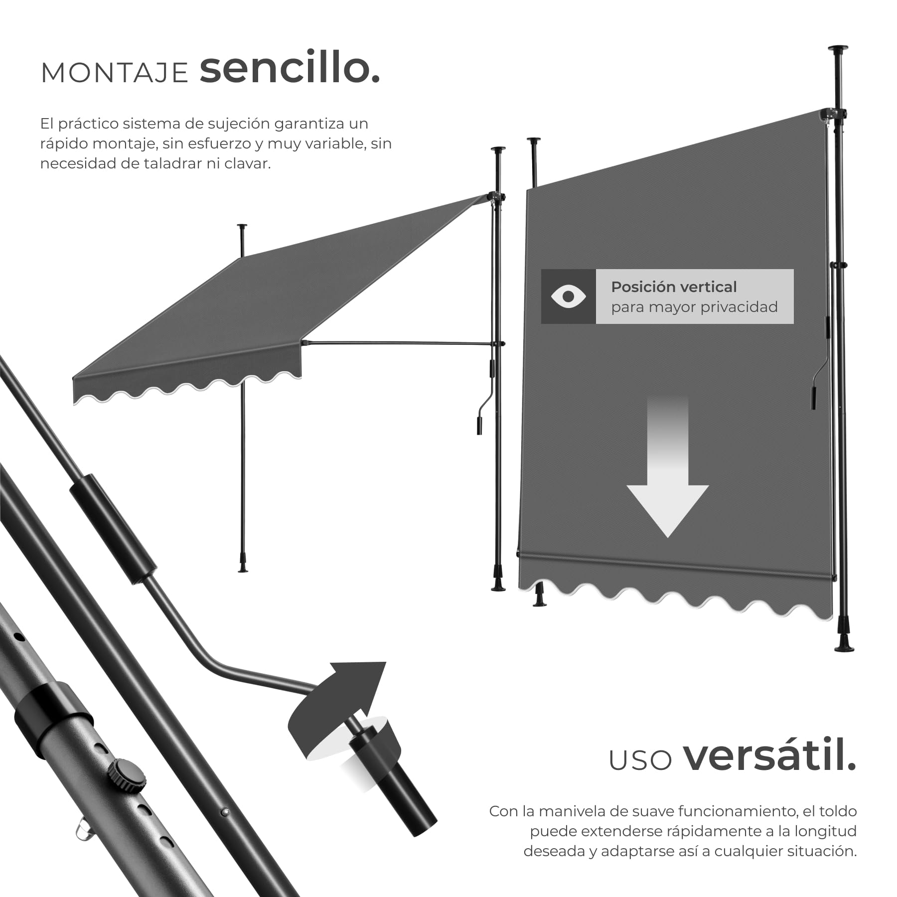 tectake® Toldo Terraza Manual Regulable en Altura con Manivela, Toldo Balcón sin Taladros, Extensible Terraza, Resistente a Rayos UV, Protección Solar y Repelente al Agua - 200 cm - Negro/Gris