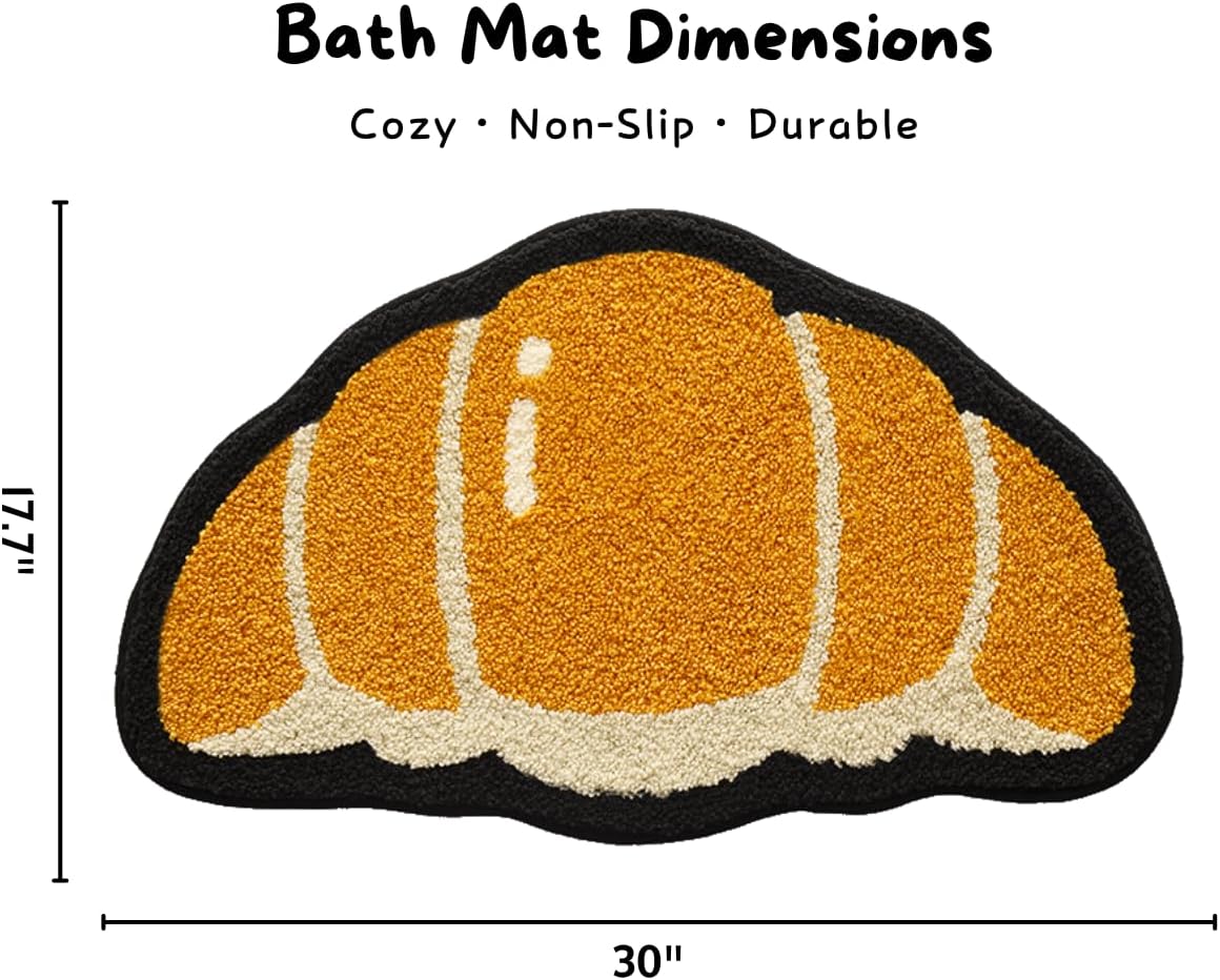 Croissant Half Circle Bath Mat – 30" x 17.7" Cute Food-Shaped Bathroom Rug, Soft Absorbent Non Slip Mat for Shower, Sink or Entryway, Machine Washable