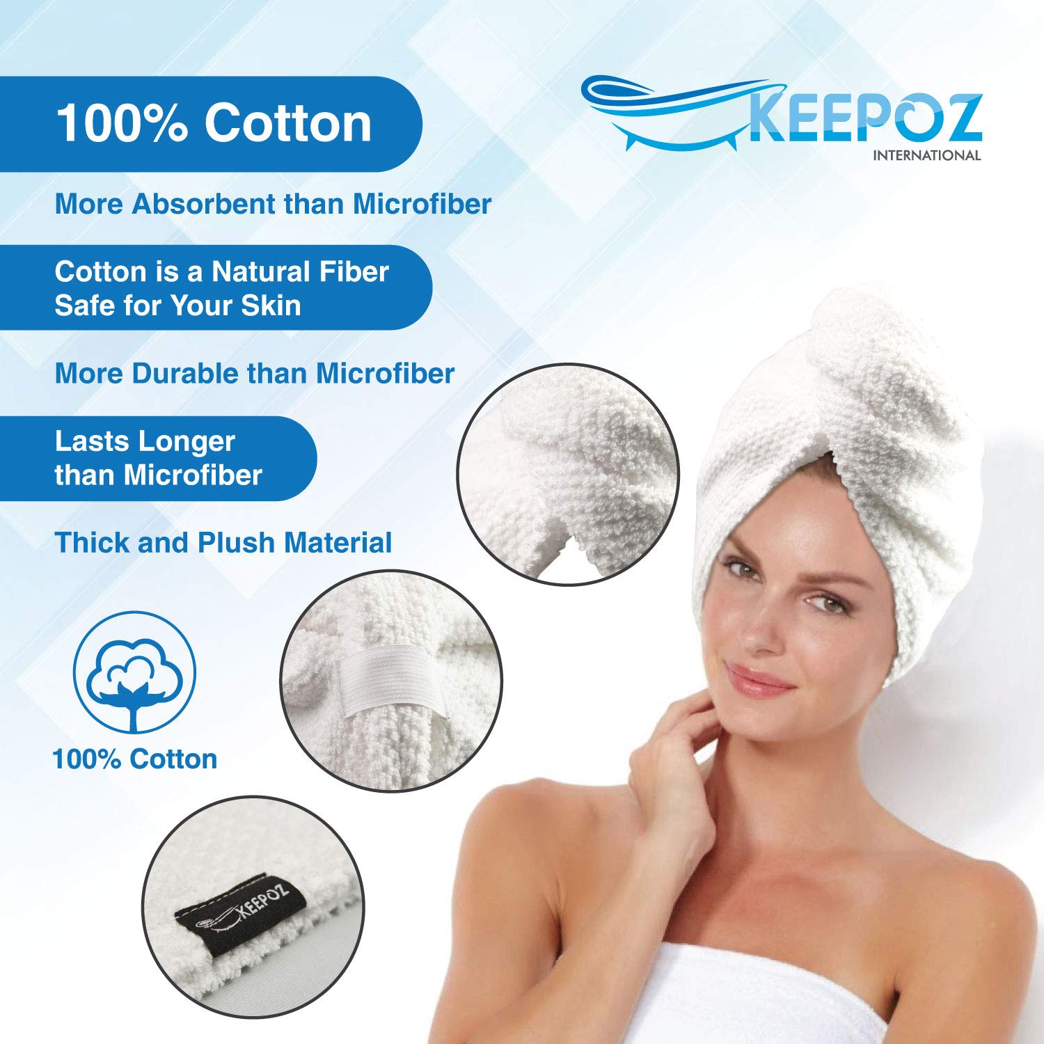 KEEPOZ Ręcznik do włosów, szybkoschnący, 100% bawełna, super chłonny, turban, opaska na głowę dla kobiet z guzikiem, produkty zapobiegające puszeniu się włosów, czepek do włosów kręconych, długich i