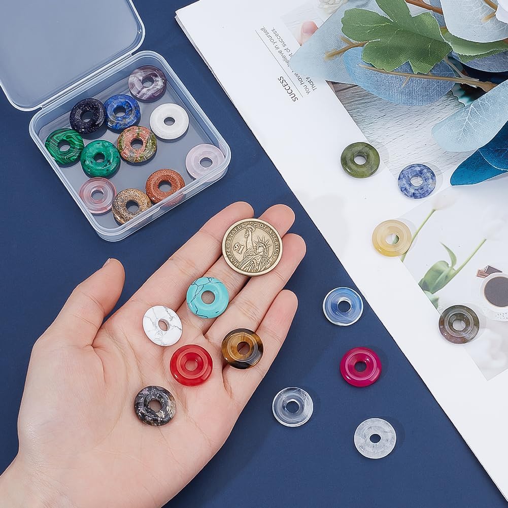 BENECREAT 24 Colors Donut Disc Gemstone Charms, 0.7x0.2inch Natural Stone Pendants Disc Donut Charms Flat Round Stone Beads Pendants for Jewelry Making, Hole: 5.5mm