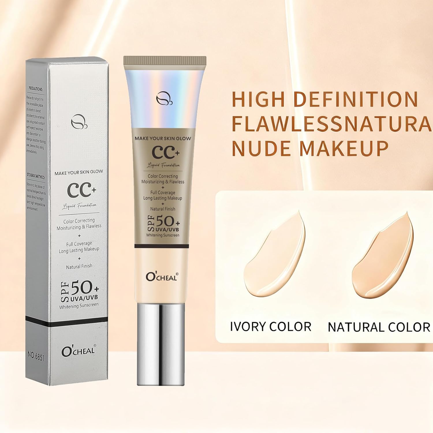 O'CHEAL CC Foundation with SPF 50+, Full Coverage Moisturizer Color Correcting Cream Concealer Powder Foundation, Lightweight Waterproof Oil-Free Pre-makeup Primer for All Skin Types (Ivory) - Image 4