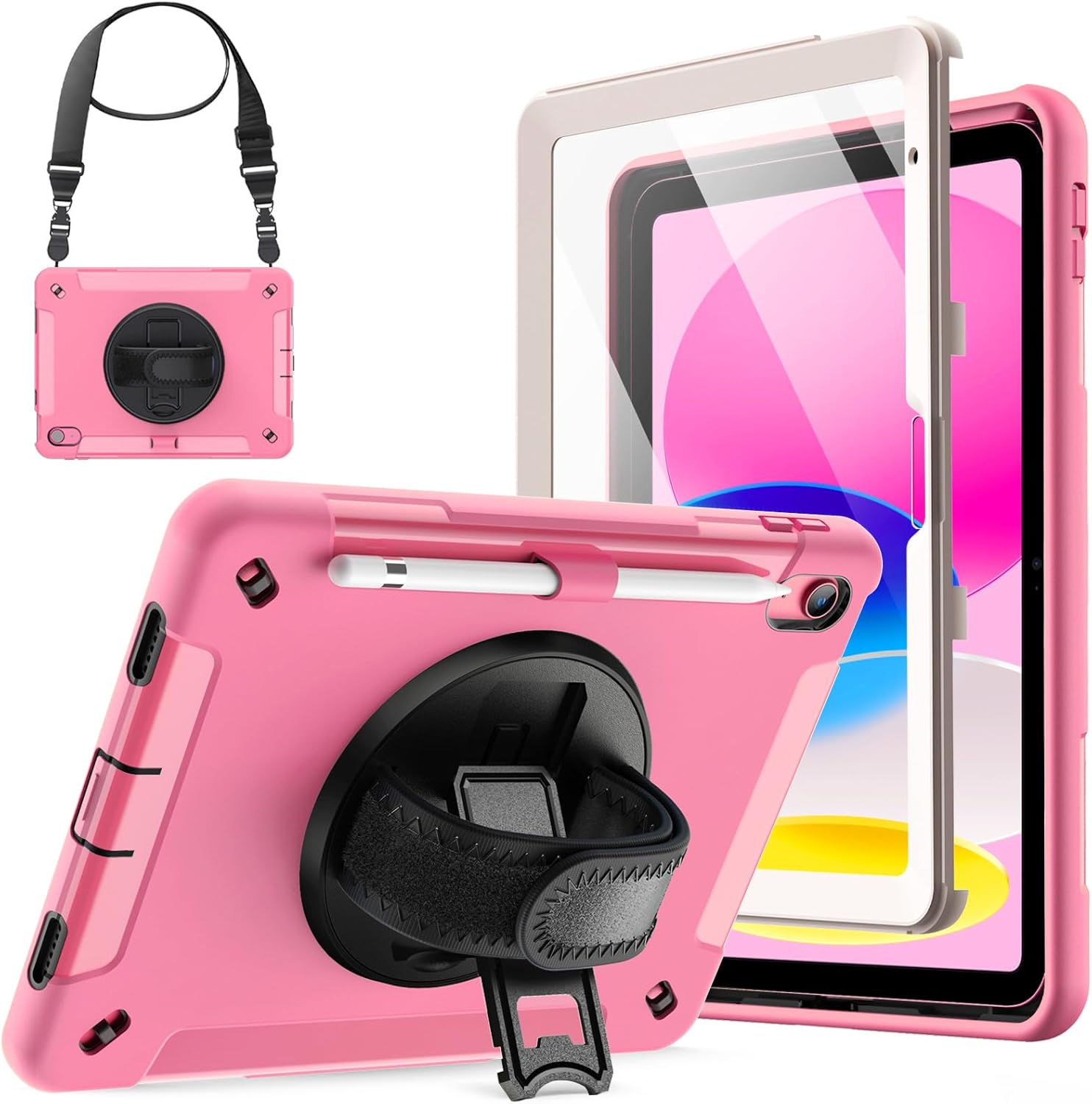 JETech Case for iPad (A16) 11th/10th Generation (2025/2022) with Built-in Screen Protector, Protective Shockproof Rugged Tablet Cover, 360 Degree Rotating Hand Strap Stand (Pink)