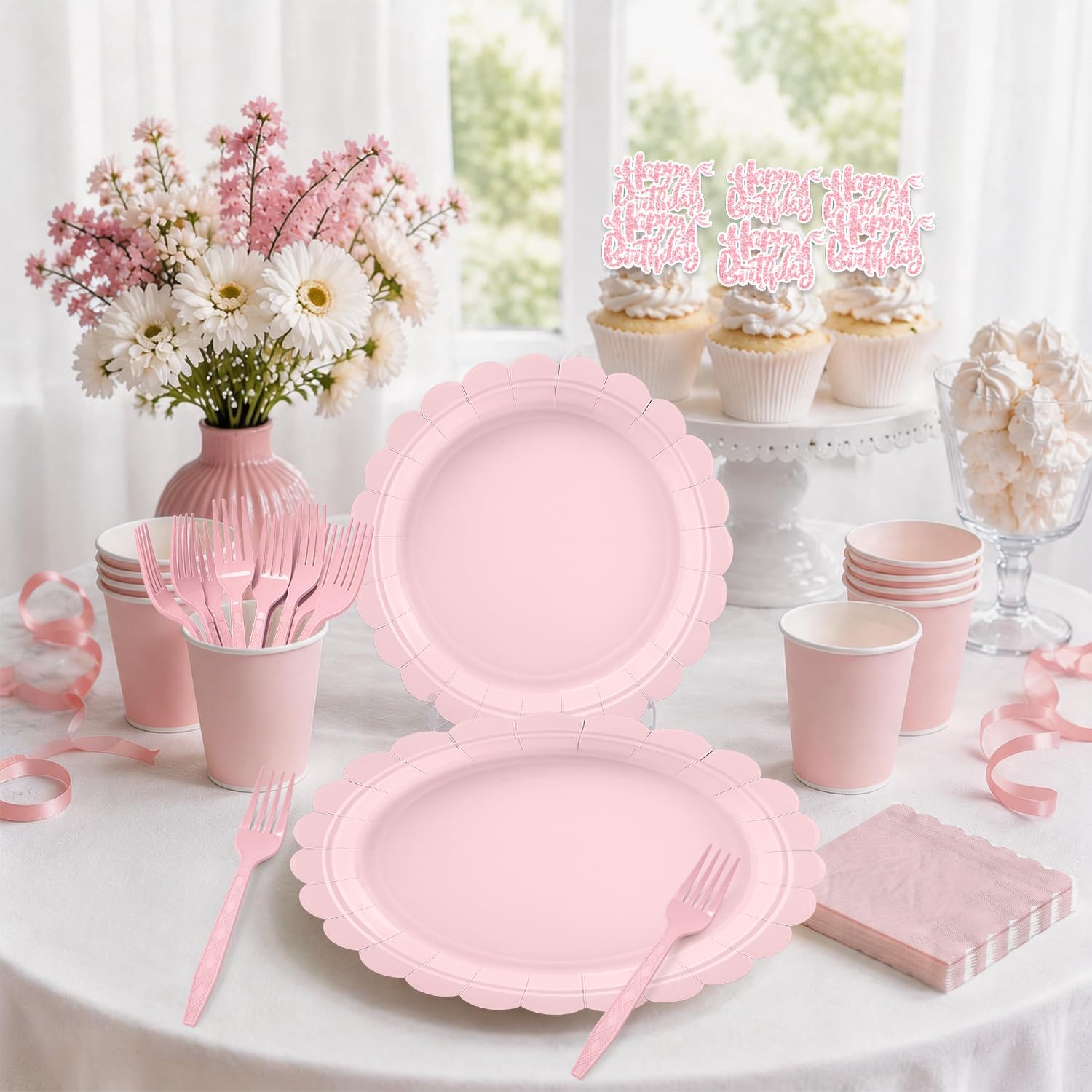 196pcs Pink Birthday Party Decorations All-in-One Set, Fit 25 Guests, with Pink Birthday Plates and Napkins Set, Banner, Tulle Table Runner, Balloons, Tablecloth, Cake Topper for Girls Women Birthday