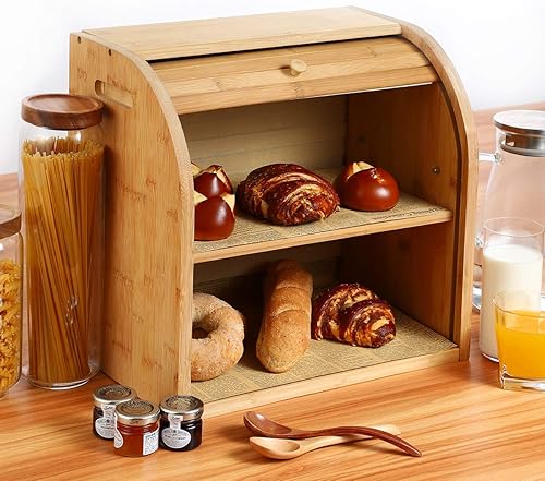 Miniatura 7 de G.a HOMEFAVOR Panera de bambú, panera de 2 capas para cocina, soporte de almacenamiento de pan de gran capacidad, panera de encimera, 15 x 9.8 x
