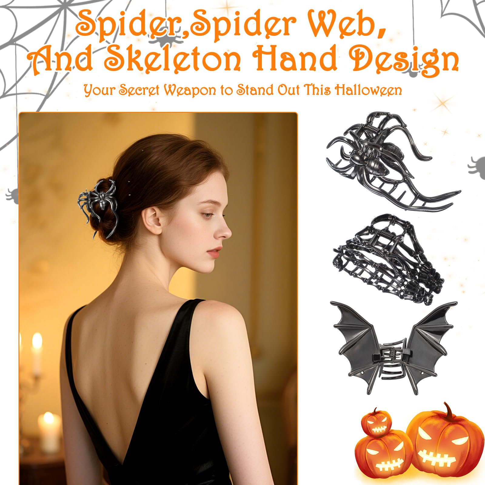 3 Pcs Metal Hair Claw for Women Girls Spider Net Bat Hand Claw Clip Non-Slip Skull Spooky Styling Barrette Clips Y2K Punk Goth Hair Accessories for Halloween Christmas Party - Image 4