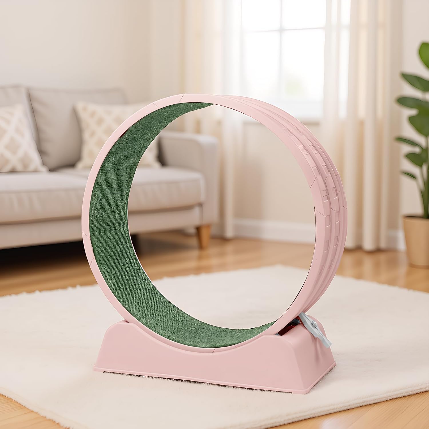 Cat Wheels, Cat Exercise Wheel for Indoor Cats, Cat Treadmill with Detachable Green Carpet & Teaser/Stickers, Ultra-Quiet Scroll Wheel with Latch, Safe and Stable (Pink)