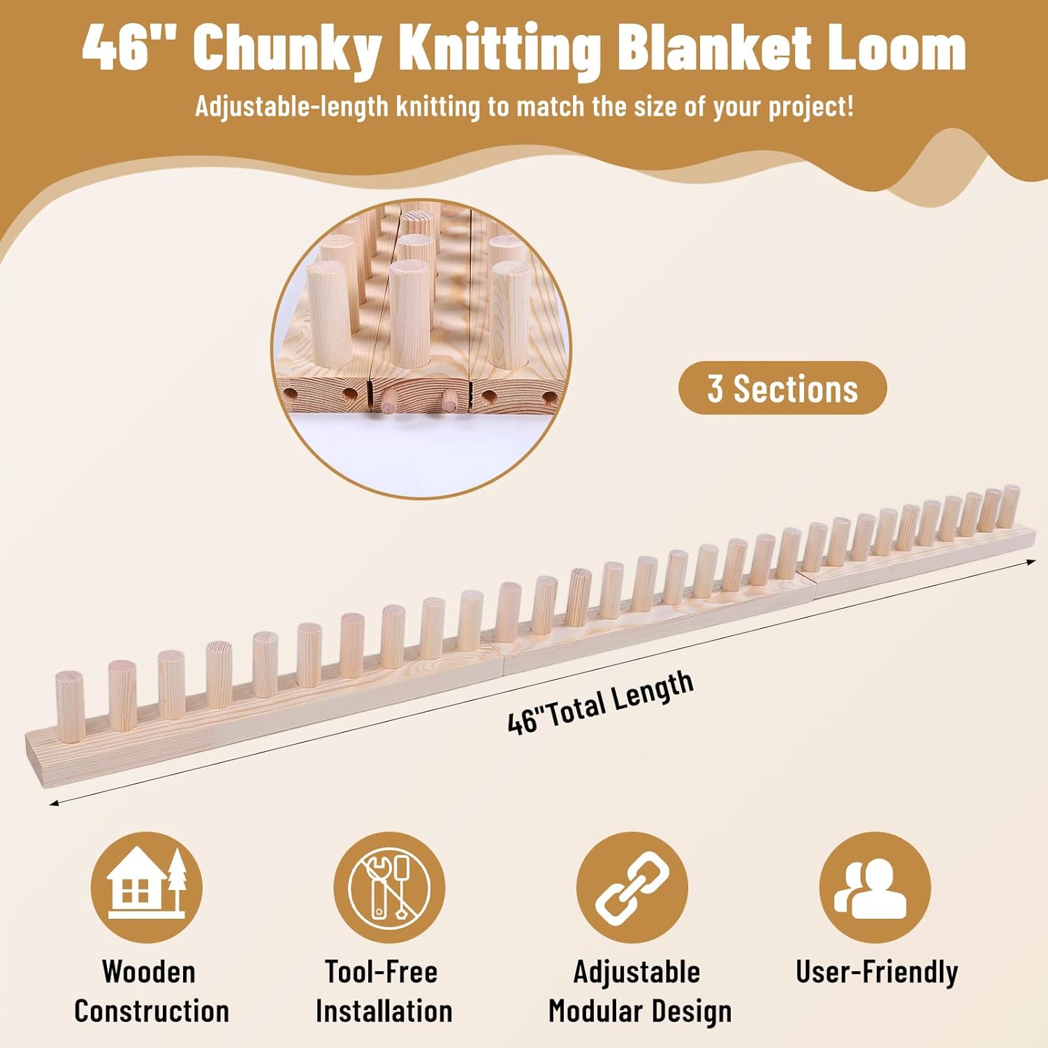 Chunky Blanket Loom - 46" Large Wooden Loom for Knitting with Infinite Expandable Design, Hand Knitting Loom for Chunky Yarn to Make Extra Wide Scarves & Blankets, No Tools Needed for Beginners