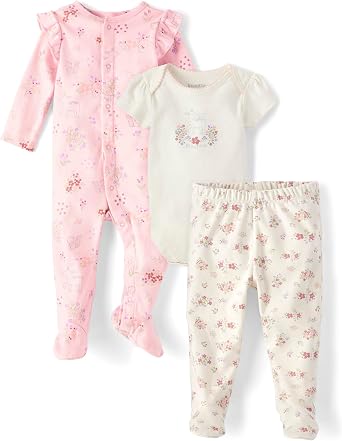 The Childrens Place Unisex Baby And Newborn 100% Cotton Take Me Home 3-piece Long, Short Sleeve Bodysuit, and Pant