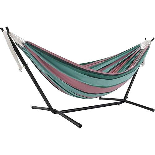 Vivere with Space Saving Steel Stand 9ft Double Cotton Hammock (450 lb Capacity-Premium Carry Bag Included), Watermelon