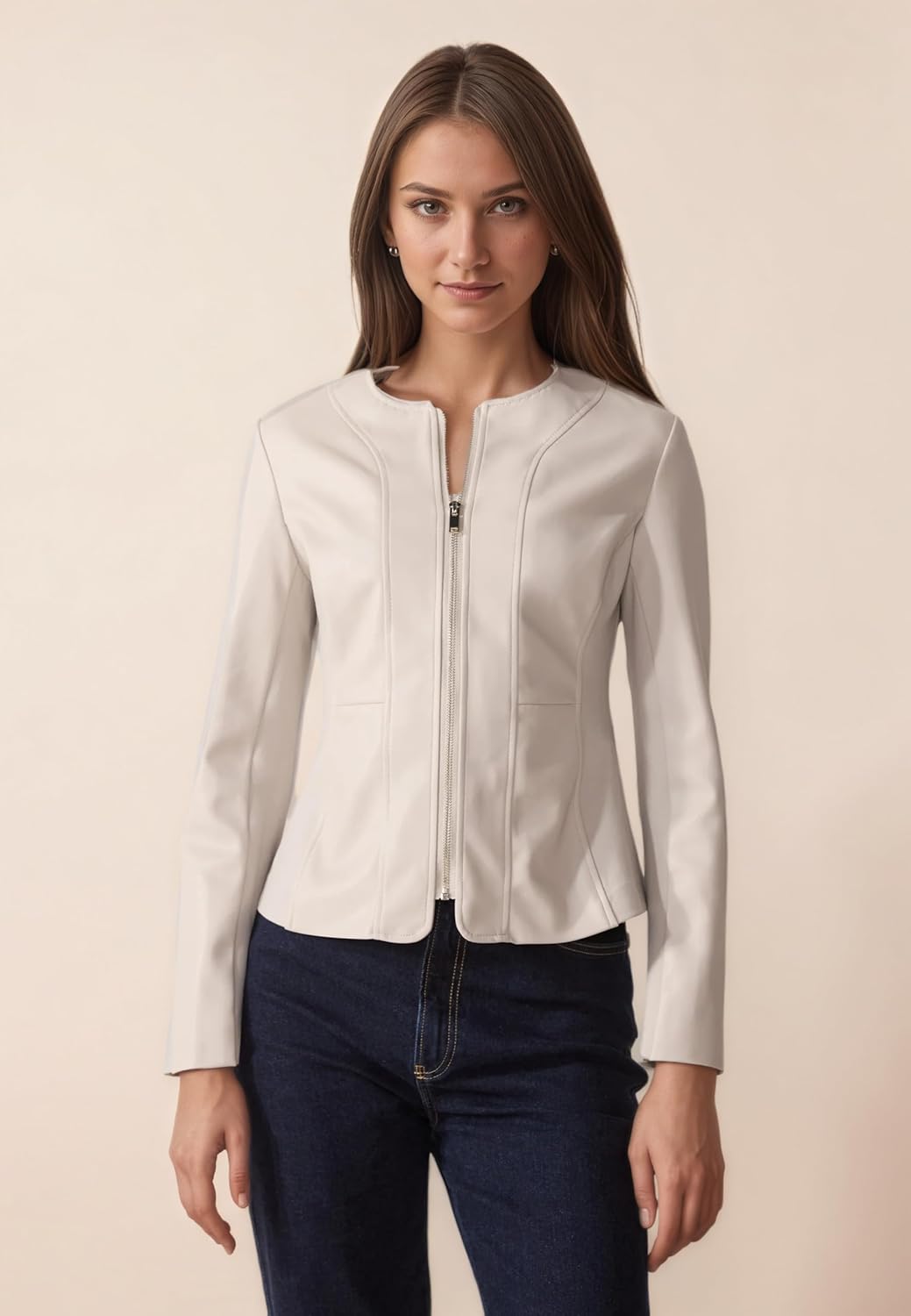 Women's Faux Leather Jacket, Round Neck, Zip Front, Long Sleeve, Beige and Black
