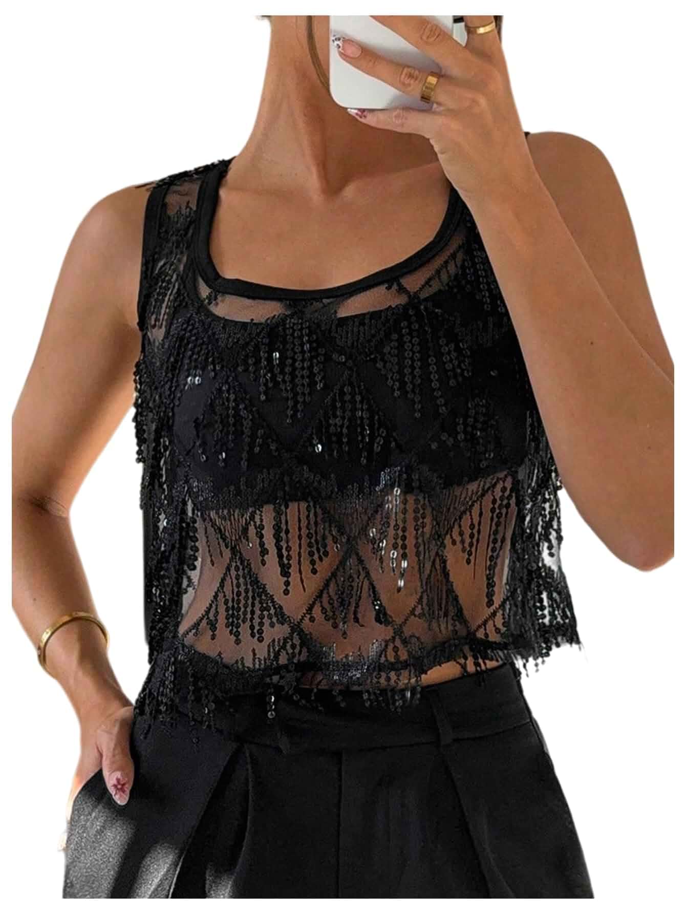 Floerns Women's Sparkly Sequin Mesh Sheer Top Y2k Sleeveless Square Neck Party Club Tank Tops Sleeveless