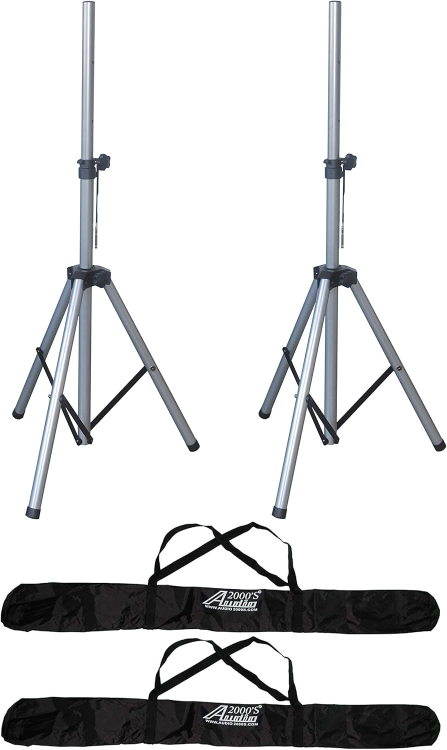 Audio2000'S S4397P2 Two-Pack Heavy-Duty Silver Universal Speaker Stands w/Two Carrying Bags, Adjustable Height, and Safety Pins