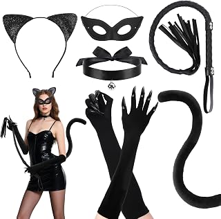 Cosweet Halloween Cat Costume Accessories for Women Cosplay Gifts | Black Mask Cat Ears Tail Set, Cat Woman Costume Outfit, for Adults Halloween Party Masquerade