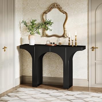 Tribesigns Black Console Table, 47-Inch Entryway Console Table, Wood Sofa Table Behind Couch with Arched Base, Narrow Hallway Table, Modern Foyer Accent Table for Entrance Living Room