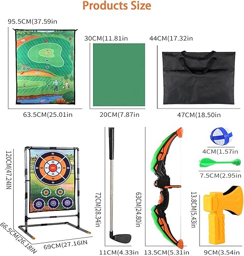 Miniatura 9 de Juego de astillado de golf con soporte, tapete de doble cara portátil 5 en 1, con pelotas adhesivas, tiro con arco, hacha y dardo, juegos de golf