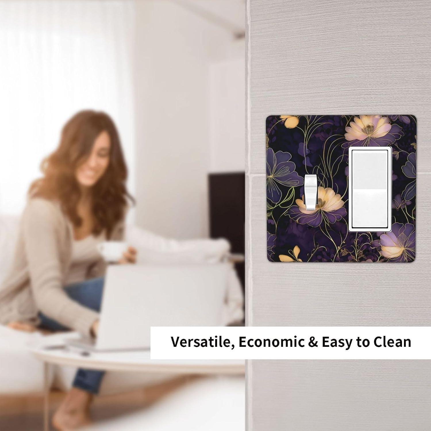 Modern Boho Vintage Gold Purple Dark Floral Modern Abstract Flowers Outlet Covers 1 Toggle 1 Rocker Combination Electrical Switch Plates Light Switch Cover Plate Decorative Wall Plate for Bedroom
