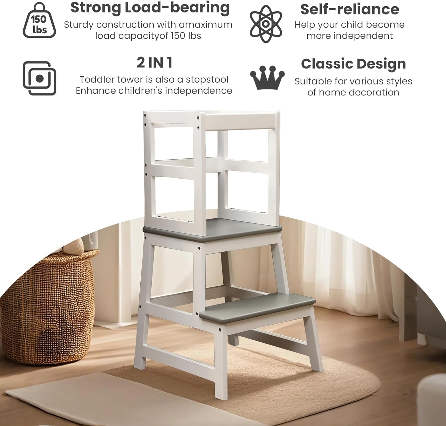 Toddler Standing Tower Kids Kitchen Step Stool for Learning with Removable Safety Railing, Grey