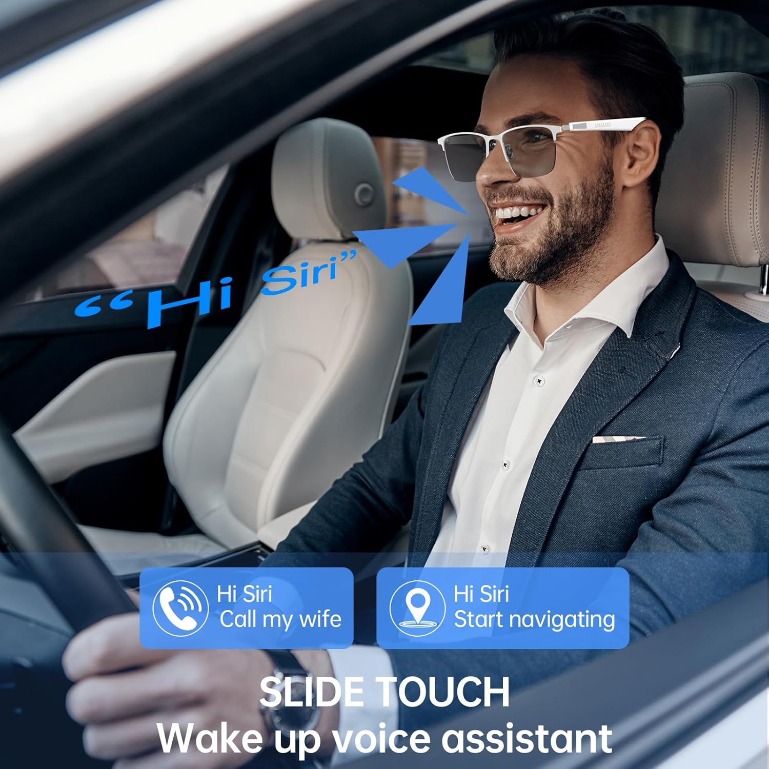 Man using voice assistant with smart glasses while driving