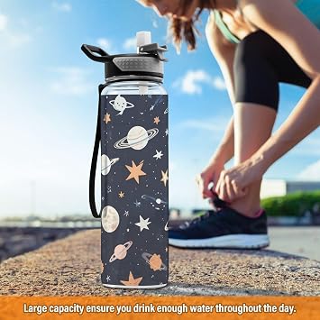 Water Bottle with Straw tritan, Push Button Lid for Sports and Travel,Elements Astral Pattern