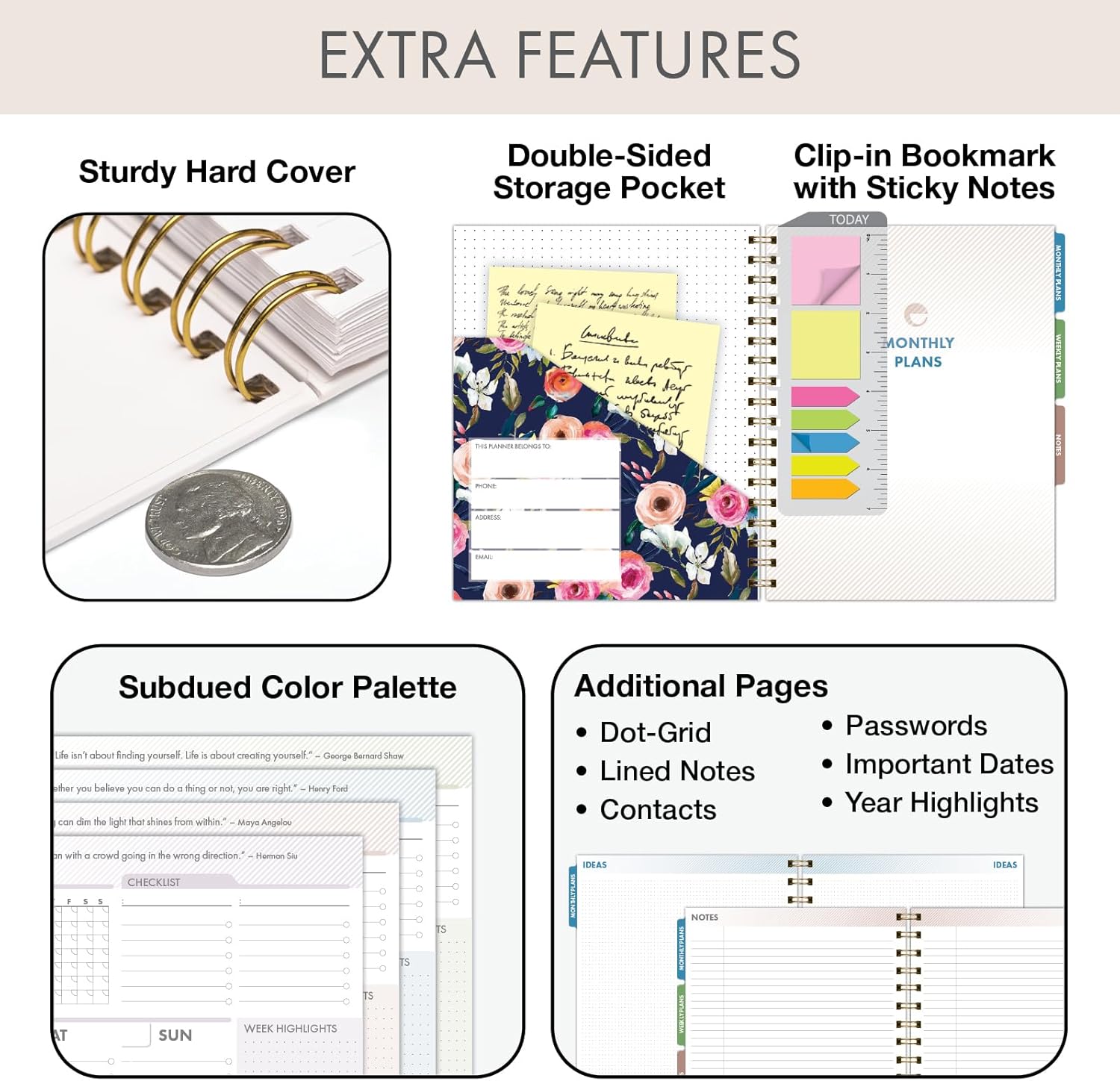 DELUXE ESSENTIAL PRO Undated Daily, Weekly & Monthly Planner,Monthly Tabs,Daily Tracking,Notes Pages,Storage Pocket,Bookmark w Sticky Notes (Small Navy Floral)