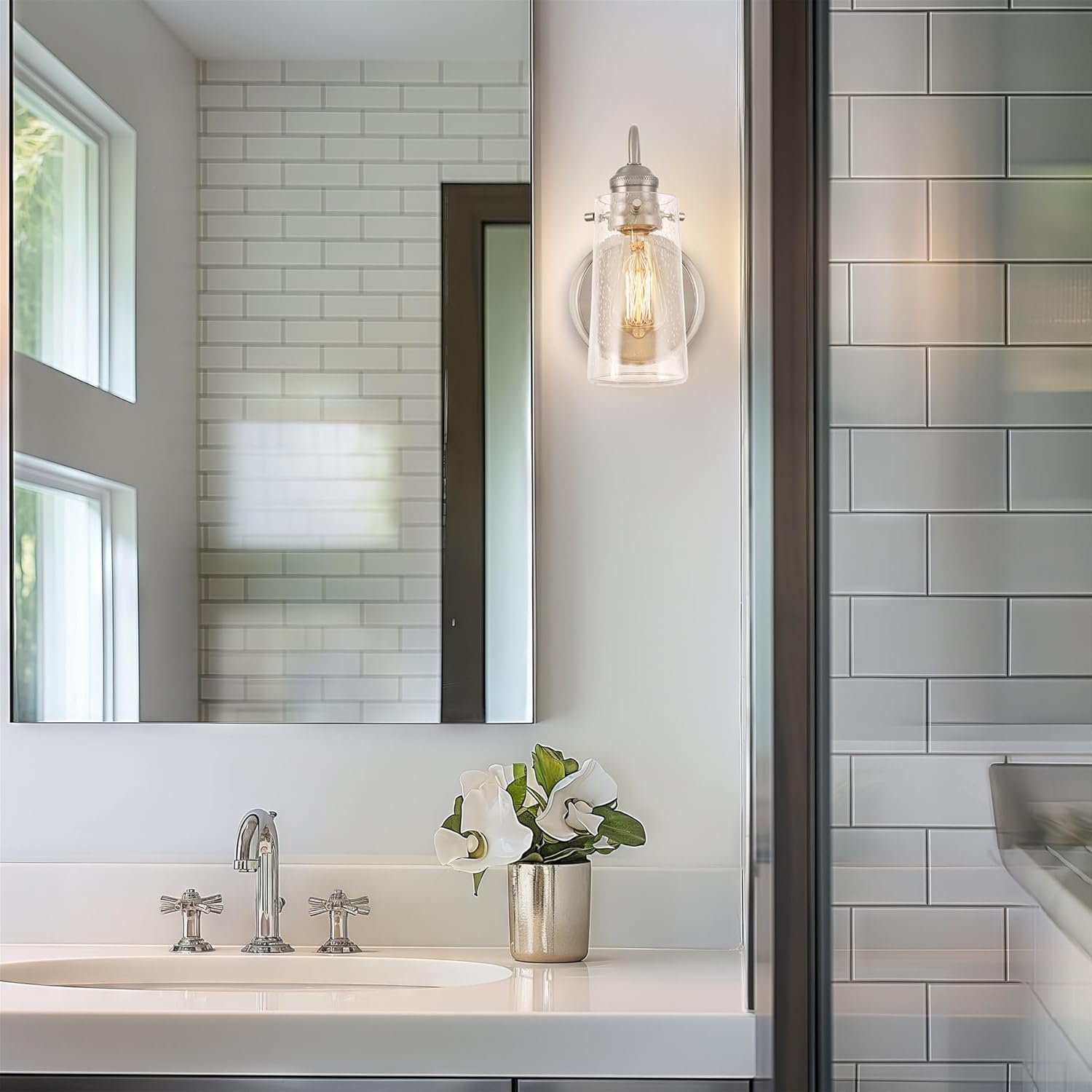 Kira Home Rayne 10" Modern Farmhouse Wall Sconce, Gooseneck Bathroom Light, Seeded Glass Shade + Brushed Nickel Finish