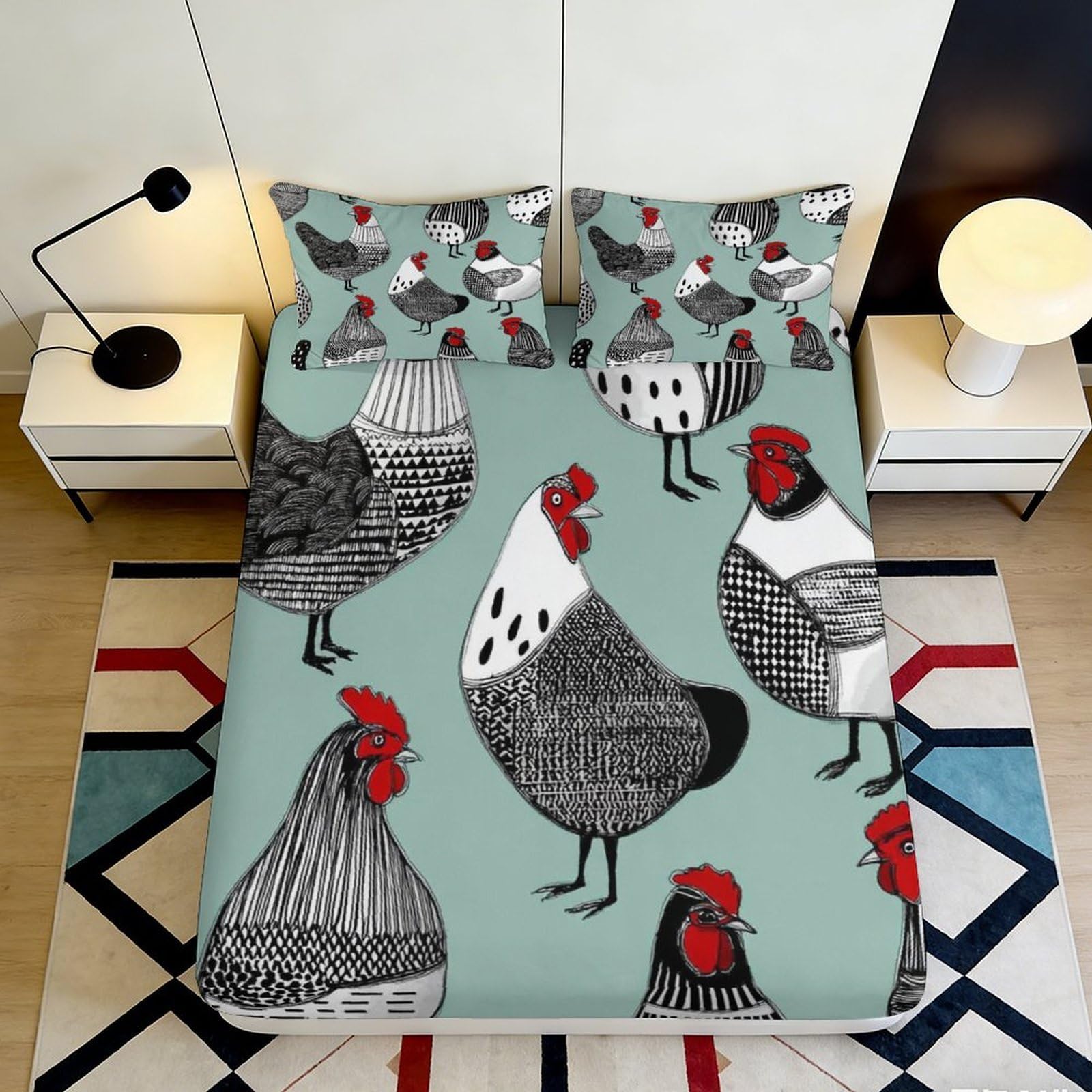 3D Printed Chicken Pattern Fitted Sheet Microfiber Soft Breathable Rooster Bed Cover for Bedroom Dorm Decor 90x200x25cm