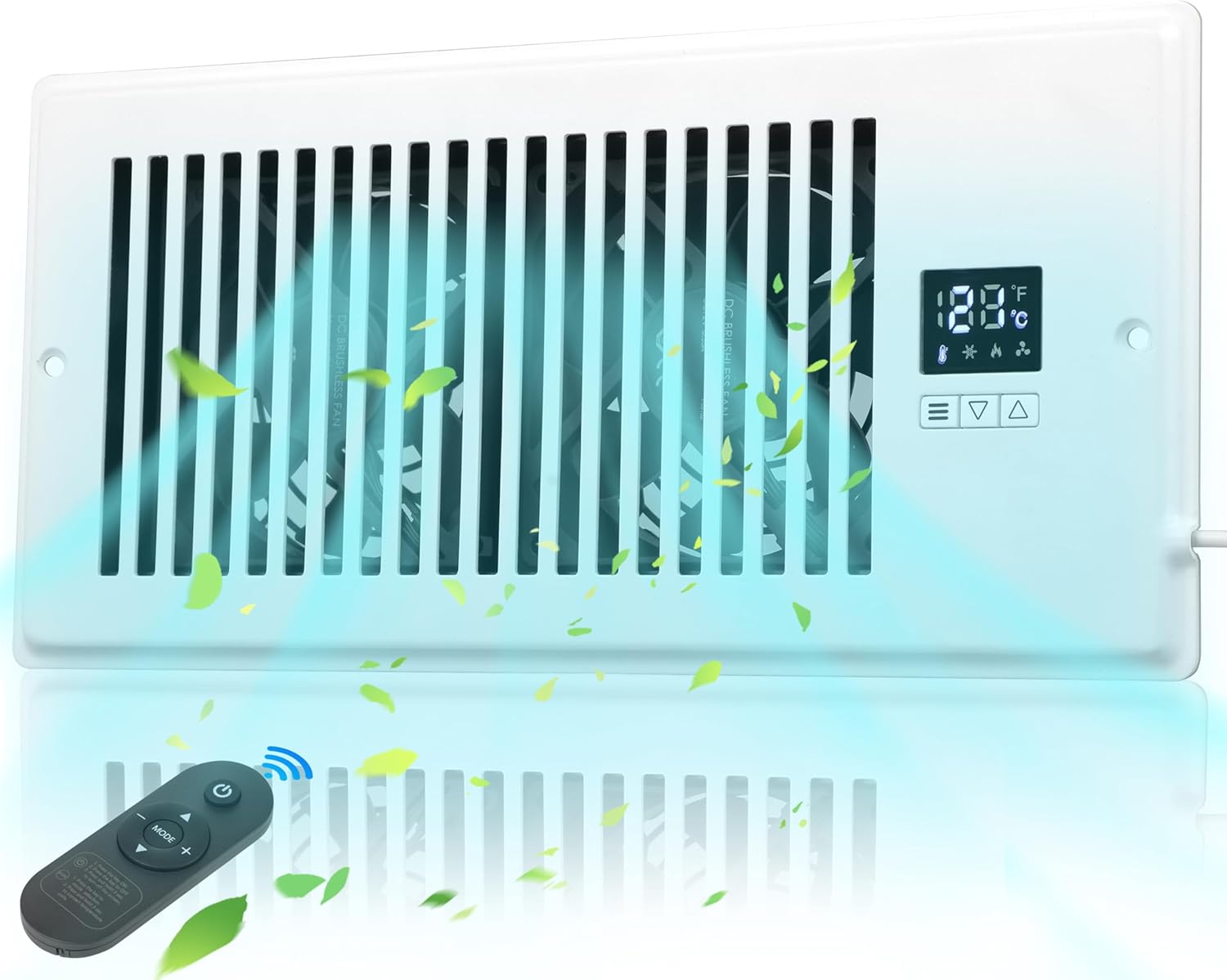 Quiet Register Booster Fan, Intelligent 4″x10″ Vents, 10-speed, Air Vent Fan with Remote Control & Thermostat, Smart LED Display Ideal for HVAC, Integrated Heating & Cooling, White