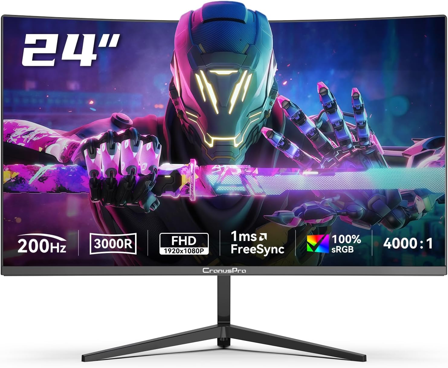 24 Inch Curved Gaming Monitor, 200Hz, 1 ms MPRT, AMD FreeSync, FHD 1920 x 1080, 3000R, VA Panel, 16:9, sRGB 100%, HDR, Eye Care, HDMI/DisplayPort, VESA Mount 75 x 75 mm, PC Screen Black – CronusPro product photo