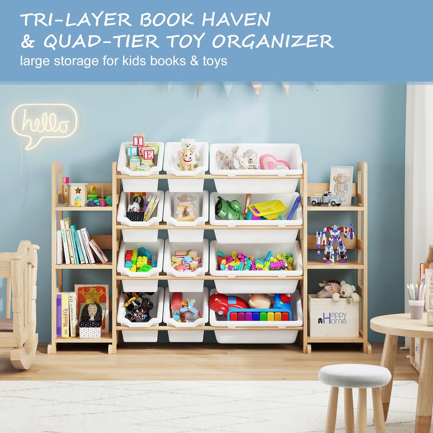 EXPERLAM toy organizer configured as a tri-layer book haven and quad-tier toy organizer