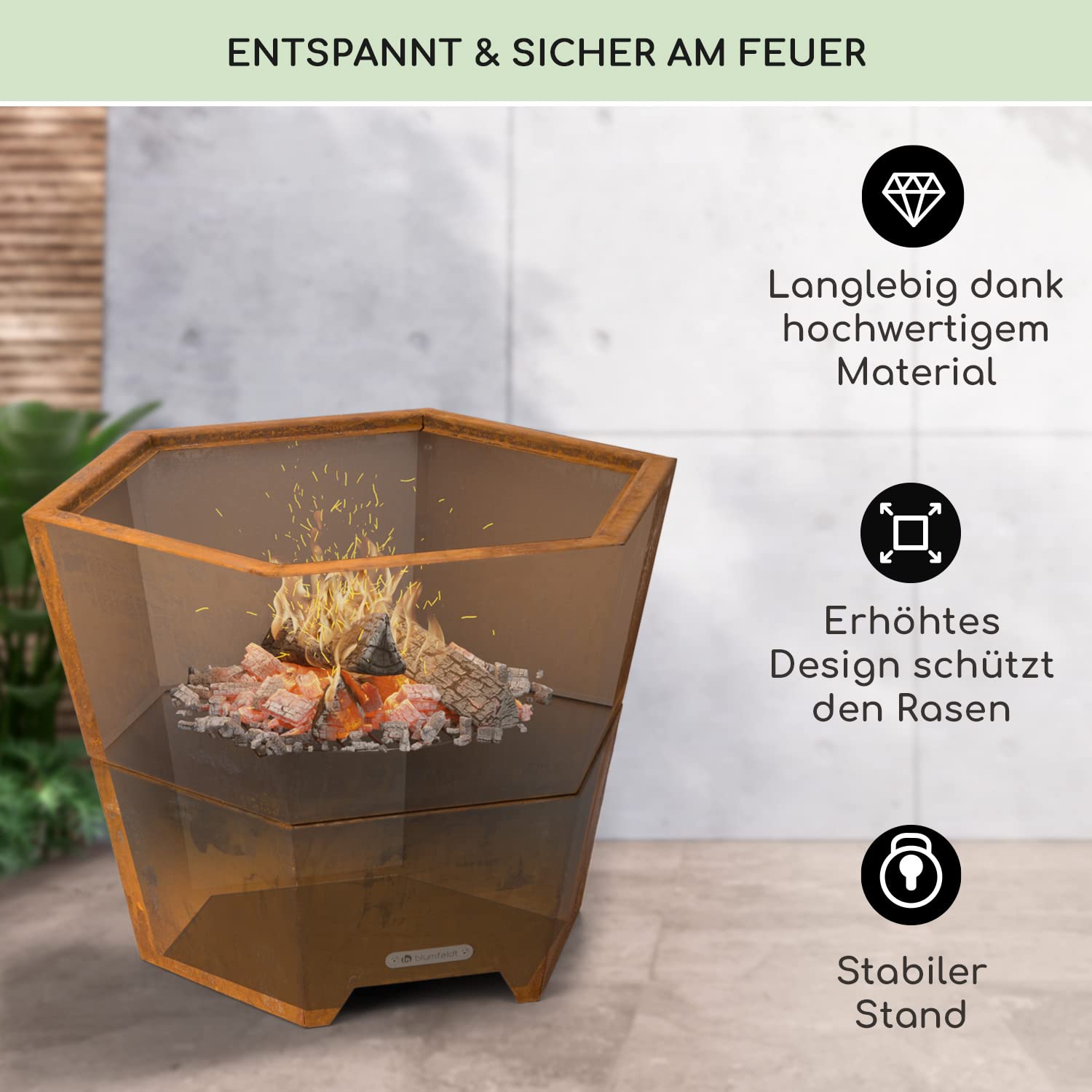Blumfeldt Feuerschale mit Grillrost, Outdoor Stahl-Feuerschale Groß für Balkon & Camping, Mobile 60 cm, Feuerschalen mit Standfuß, Wetterfeste Sechseckige Feuerstelle