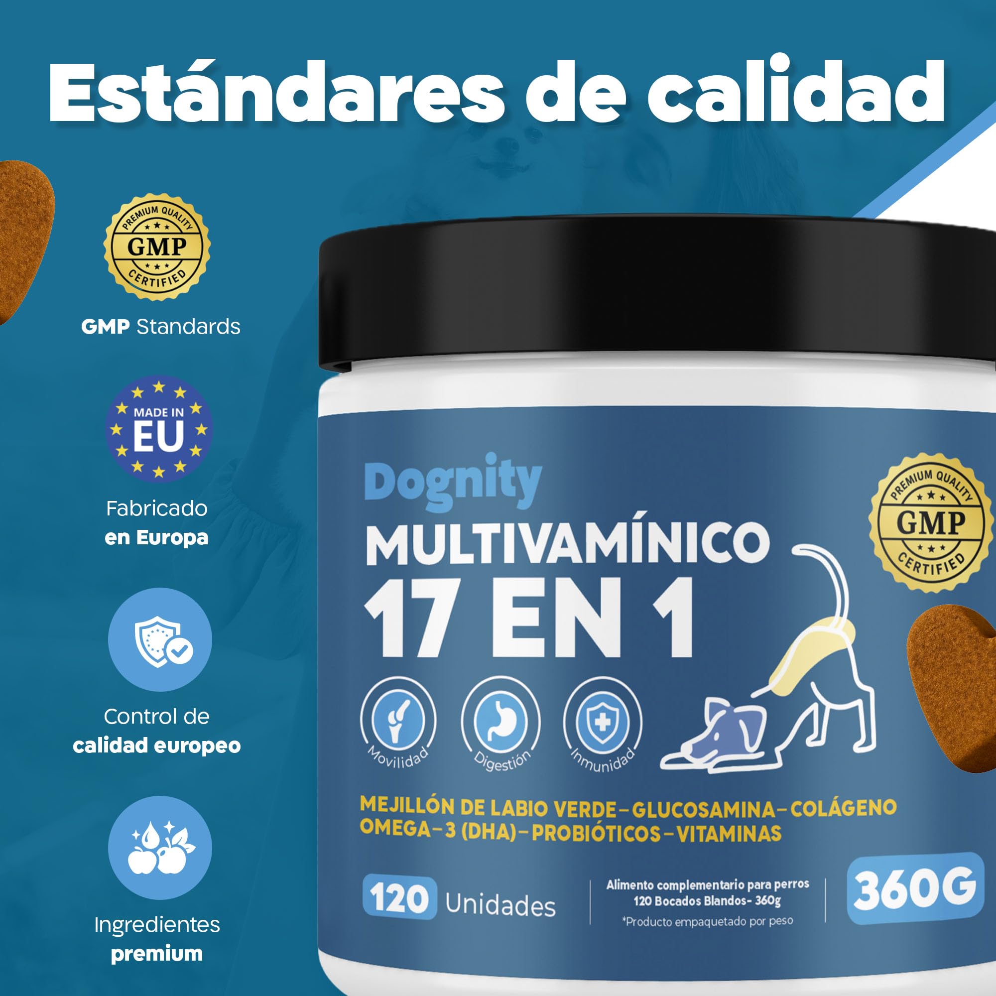 Multivitamínico 17 en 1 Perros 120 Bocados Glucosamina Probióticos 360g | Suplemento completo para perros 17 nutrientes un solo bocado textura blanda con toma diaria con glucosamina y colágeno.