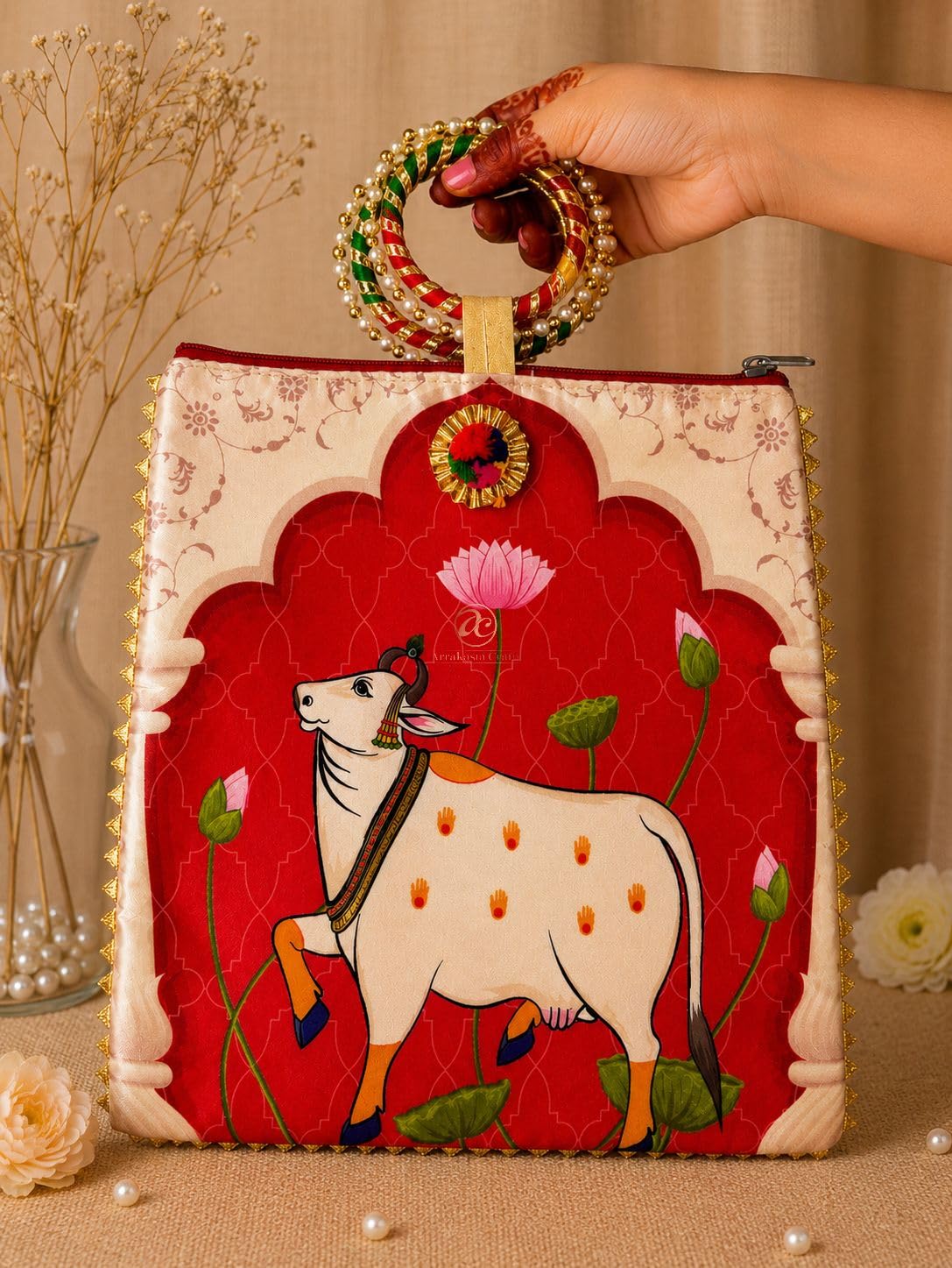 arrakasta crafts Pichwai Cow Print Potli Bags With Bangle Handle & Zipper| Ethnic Clutch Purse Bag For Women, Wedding, Return Gift, Baby Shower-picture-13