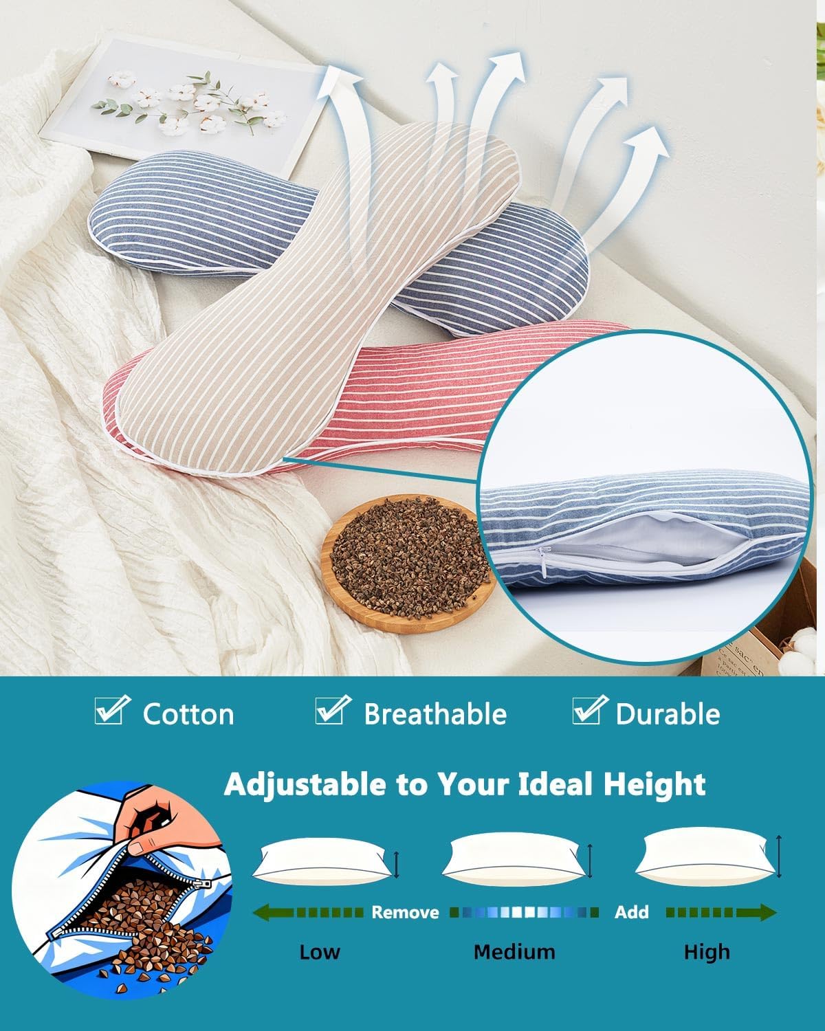 Adjustable Cervical Buckwheat Pillow for Neck Support and Pain Relief – Breathable Cylinder Bolster with Custom Comfort, Striped Cover (19.6"x7.8"), Khaki