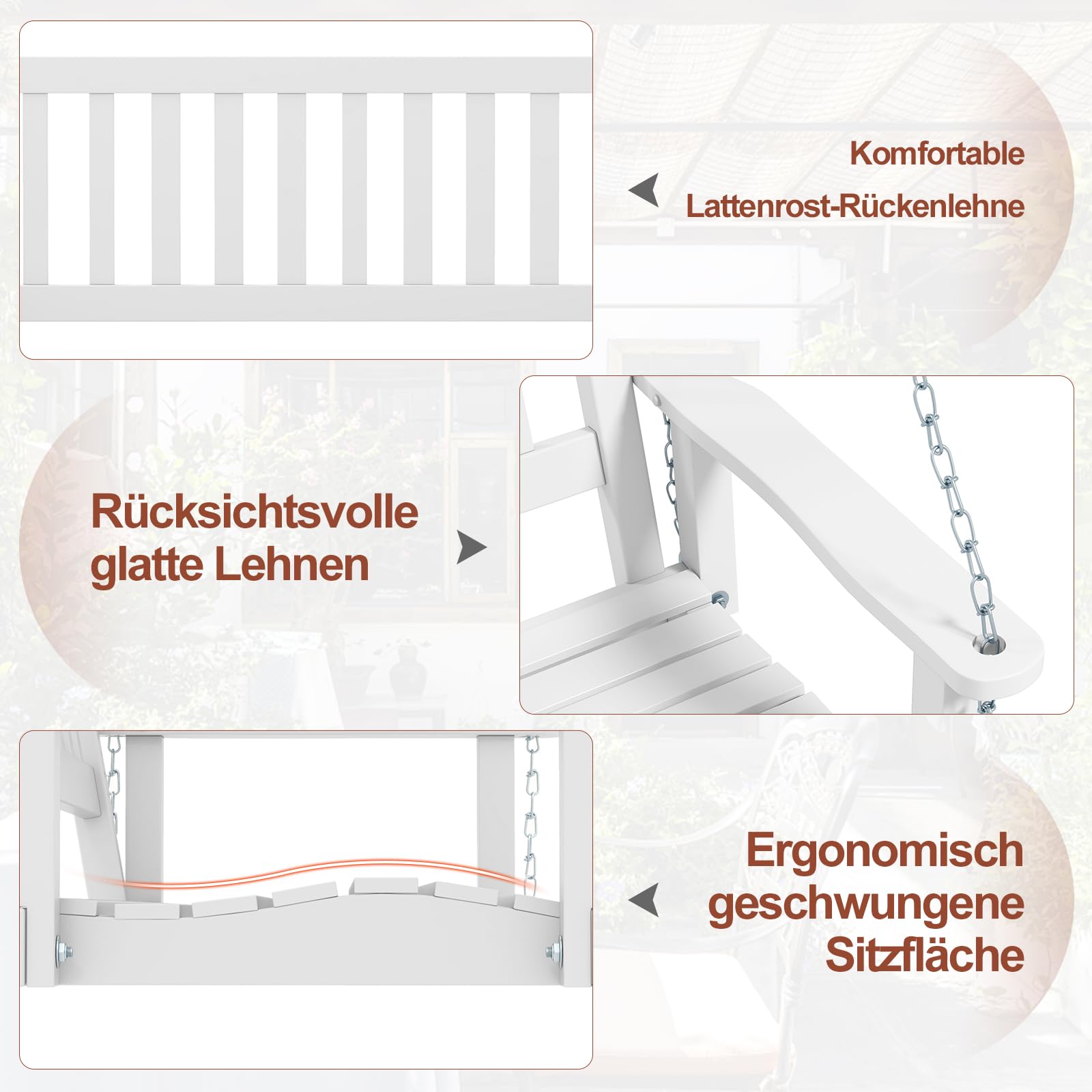 GOPLUS Hängebank, Gartenschaukel aus Pappelholz bis 227kg/360kg belastbar, Hängeschaukel mit Verstellbarer Kette, Hollywoodschaukel Schaukelbank Outdoor für Terrasse Garten Hof (3-Sitzer,Weiß)