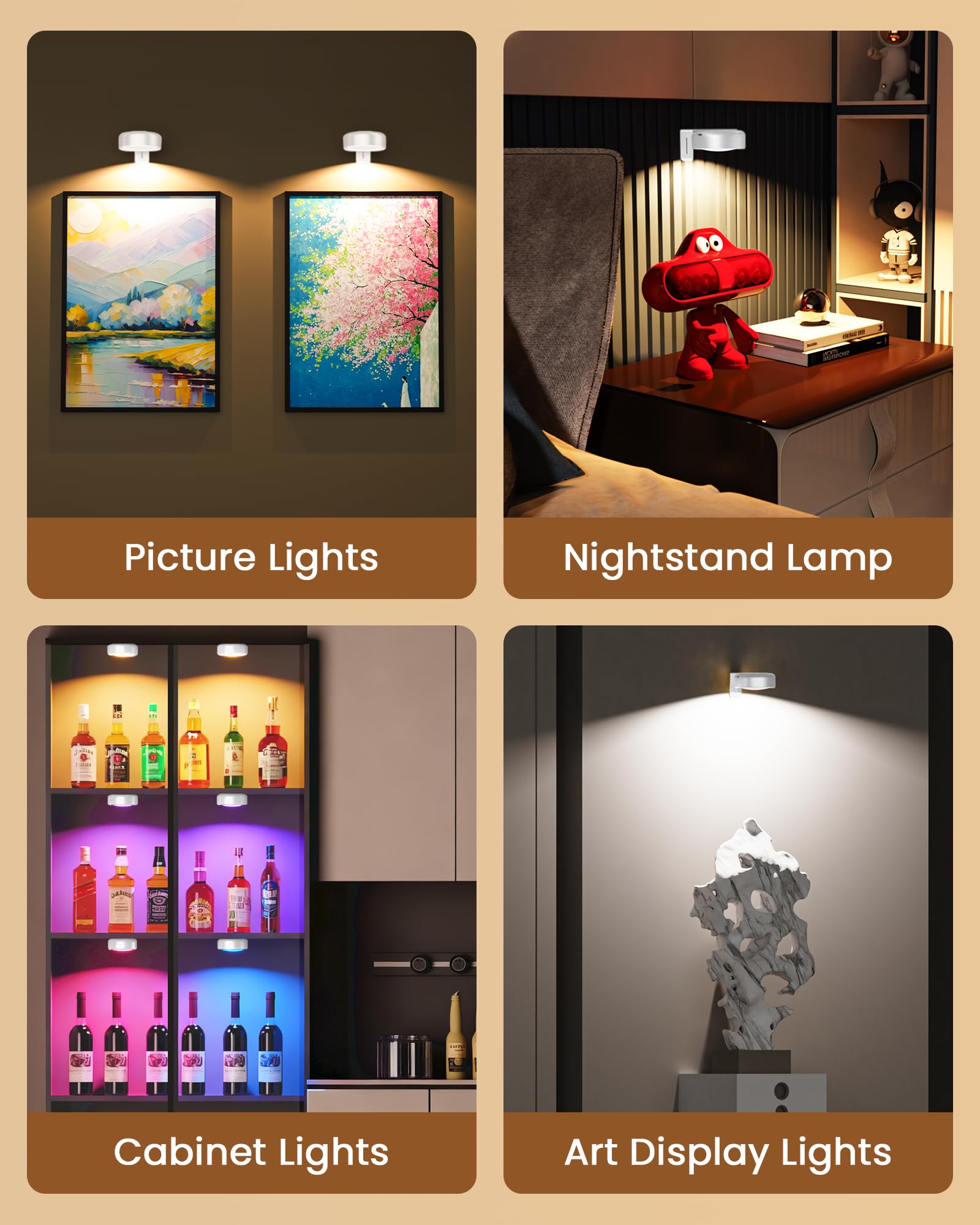 Bilderleuchten für die Wand, kabellos, 2000 mAh, wiederaufladbar, magnetisch, LED-Puck-Lichter mit Fernbedienung, 3 Farbtemperaturen und 12 RGB, Dimmen und Timer, Kunstrahmen-Licht für Malerei, Fotos