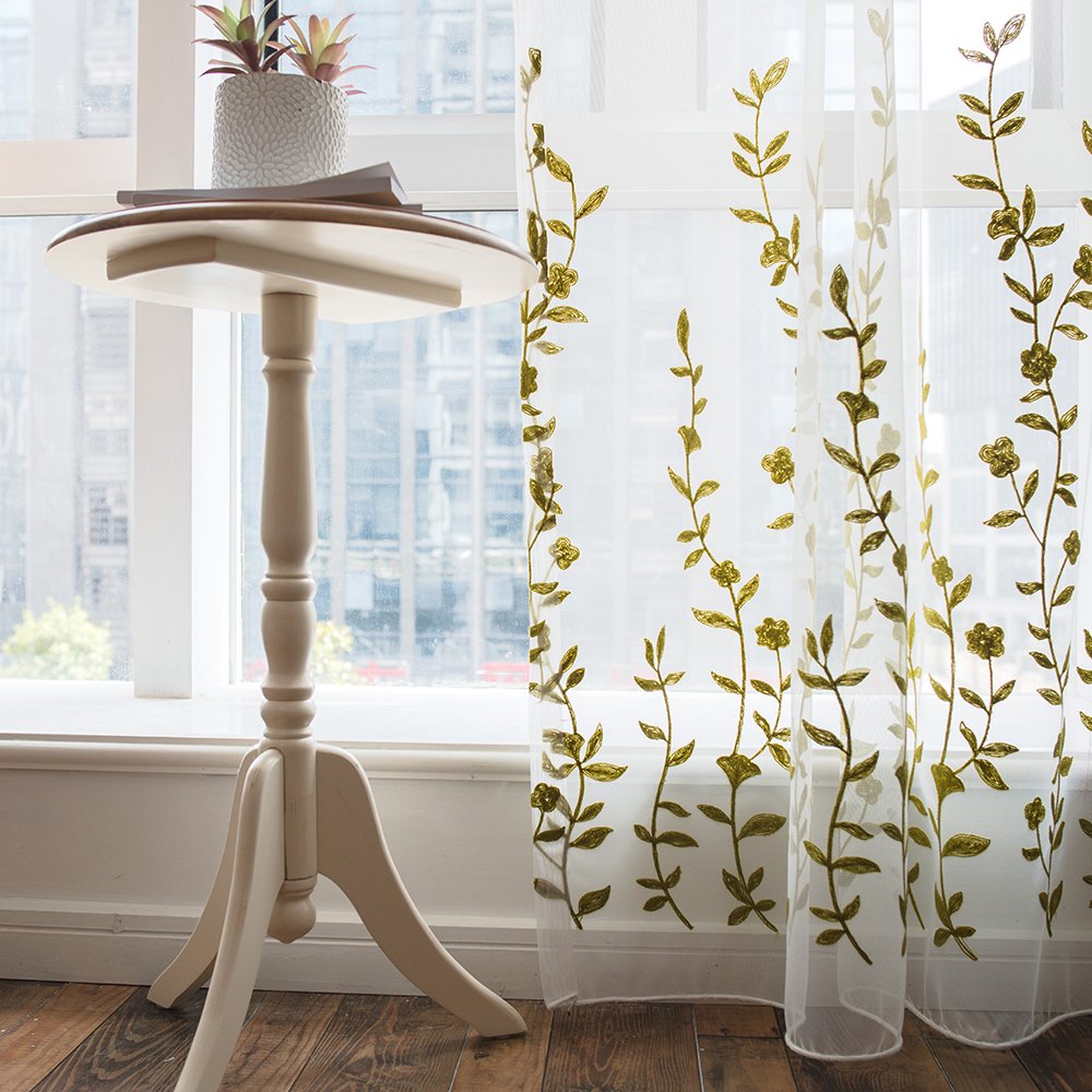 Melodieux Floral Embroidery Sheer Curtain for Living Room Bedroom Farmhouse Style Rod Pocket Voile White Green 52x84 Inch (1 Panel) - Image 2