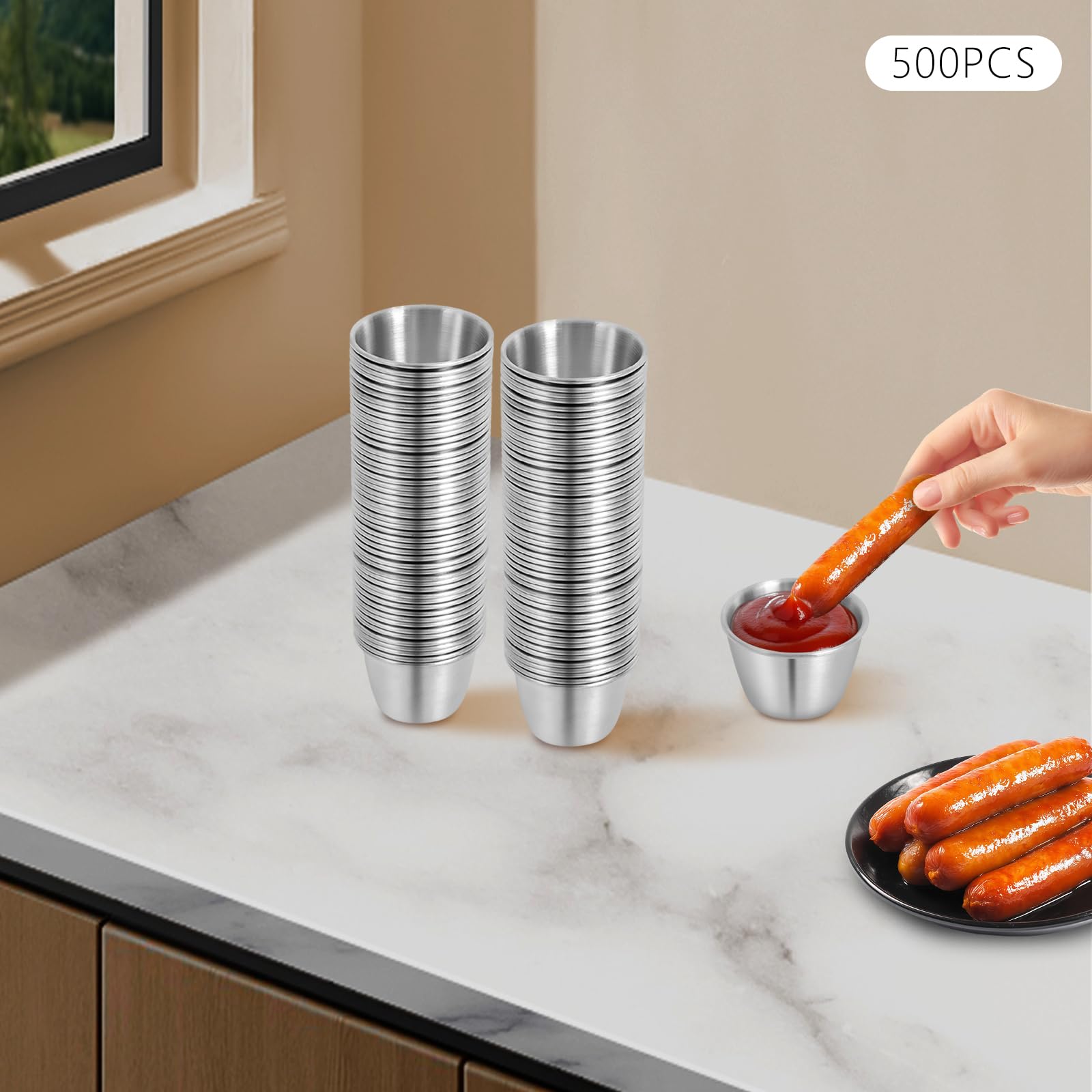 Lot de 500 Coupelles à Sauce 70 ml, Bols à Sauce en Acier Inoxydable 304, Empilables, Finition Brossée/Polie, Compatible Lave-Vaisselle, Pour Restaurants, Fêtes et Maison