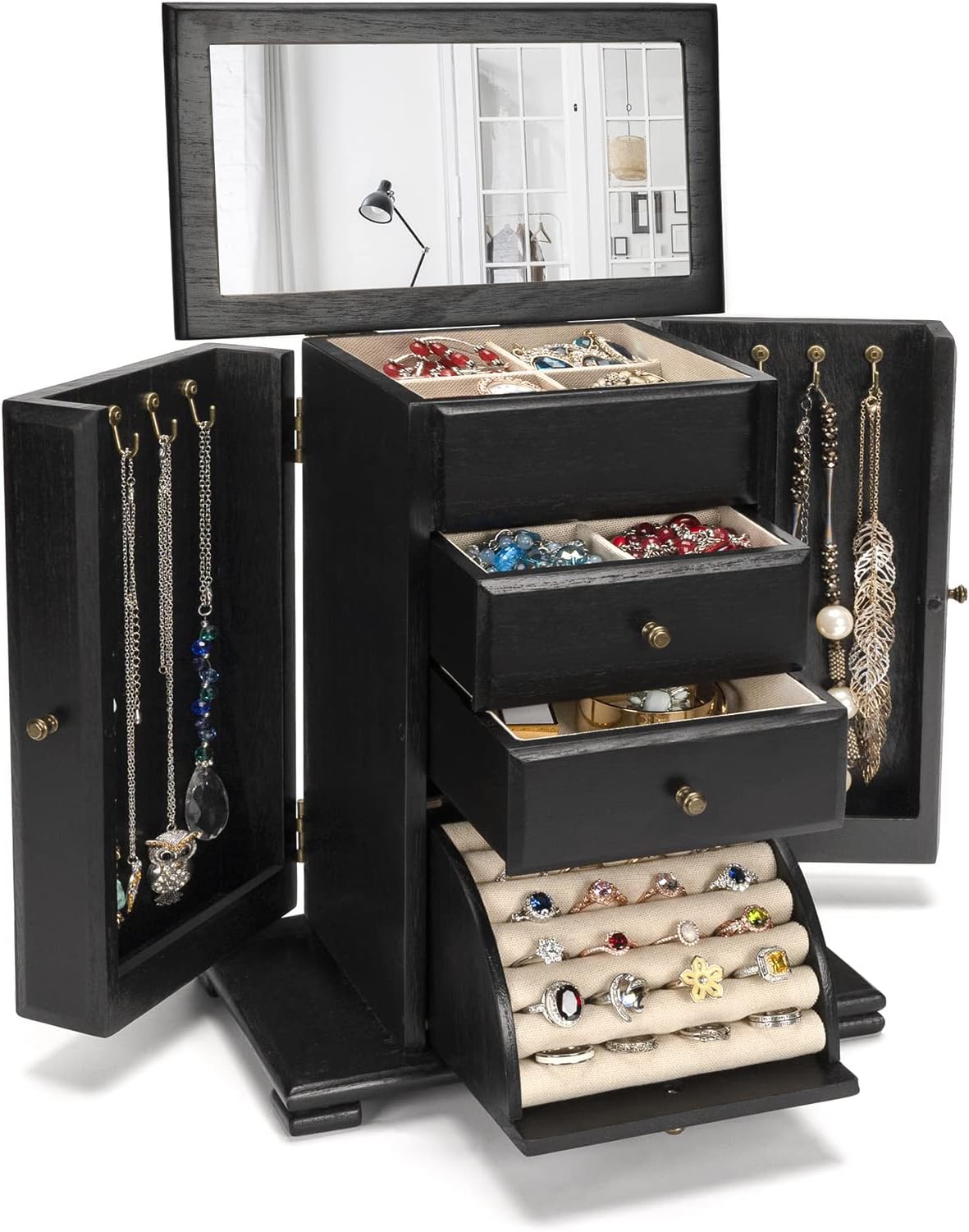 Emfogo Jewelry Box for Women, Rustic Wooden Jewelry Boxes & Organizers with Mirror, 4 Layer Jewelry Organizer Box Display for Rings Earrings Necklaces Bracelets (Black)
