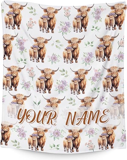 Custom Highland Cow Blanket for Women, Cozy Soft Throw Gifts, Cute White Flannel Throw Blankets for Couch Office, 60x80 Inches