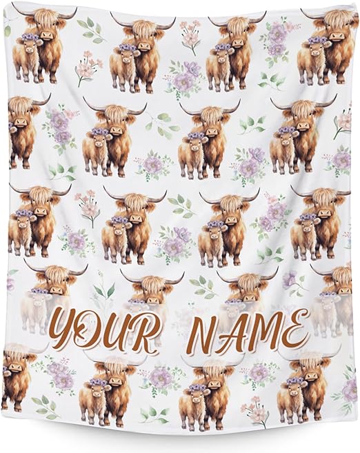 Custom Highland Cow Blanket for Women, Cozy Soft Throw Gifts, Cute White Flannel Throw Blankets for Couch Office, 60x80 Inches