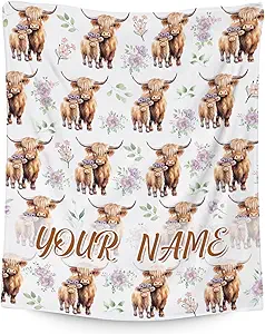 Custom Highland Cow Blanket for Women, Cozy Soft Throw Gifts, Cute White Flannel Throw Blankets for Couch Office, 60x80 Inches
